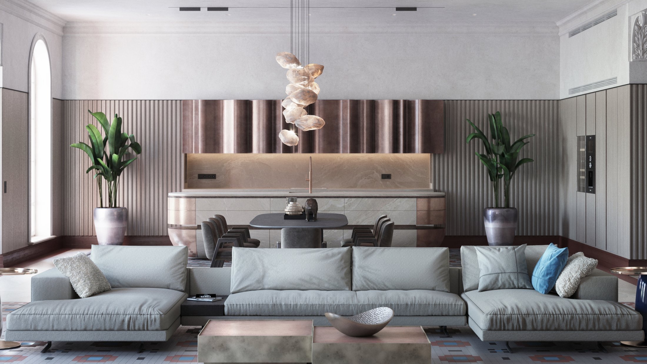 Living room with a striped feature wall and sculptural pendant lighting.