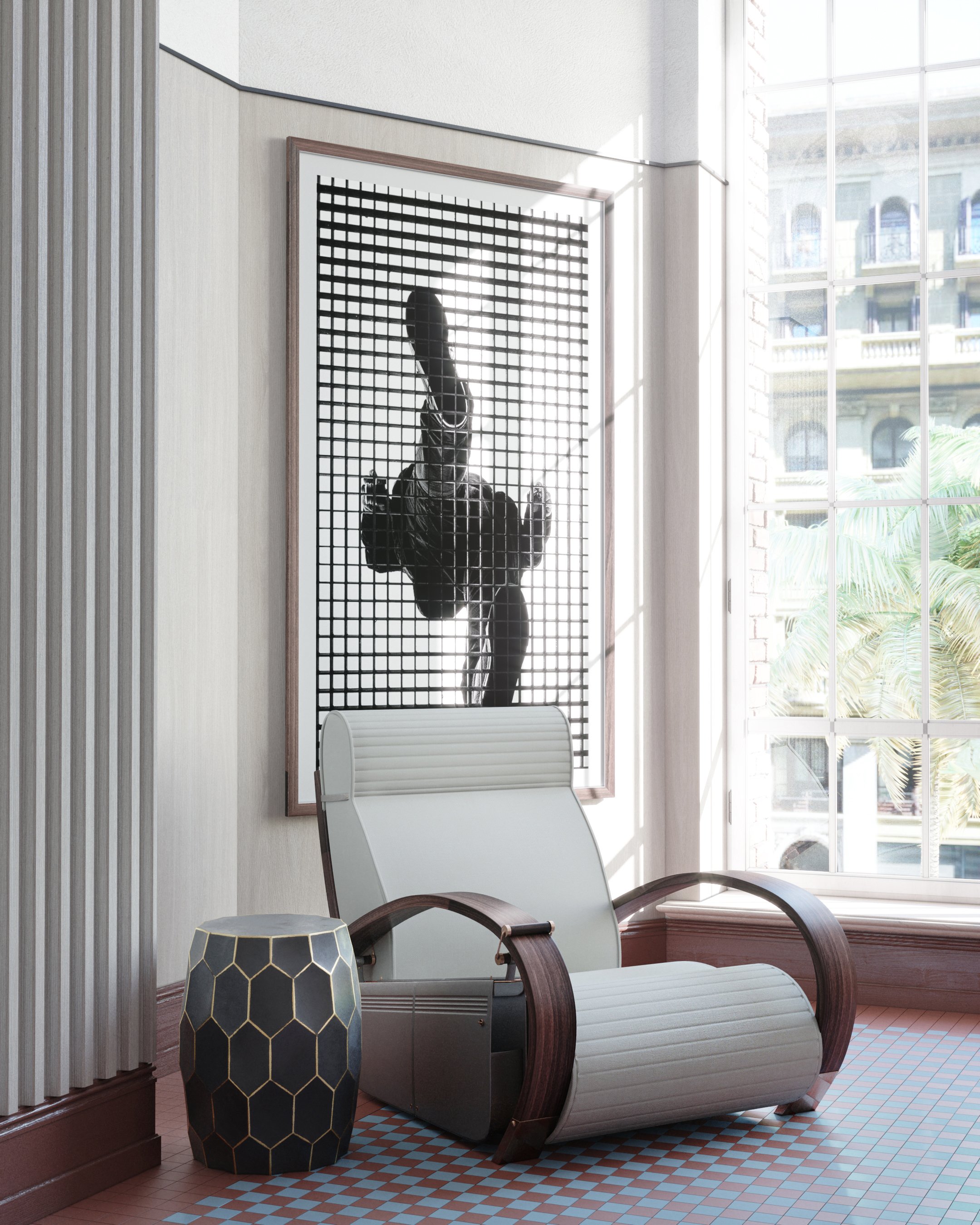 Reading nook with a lounge chair, sculpture and city view.