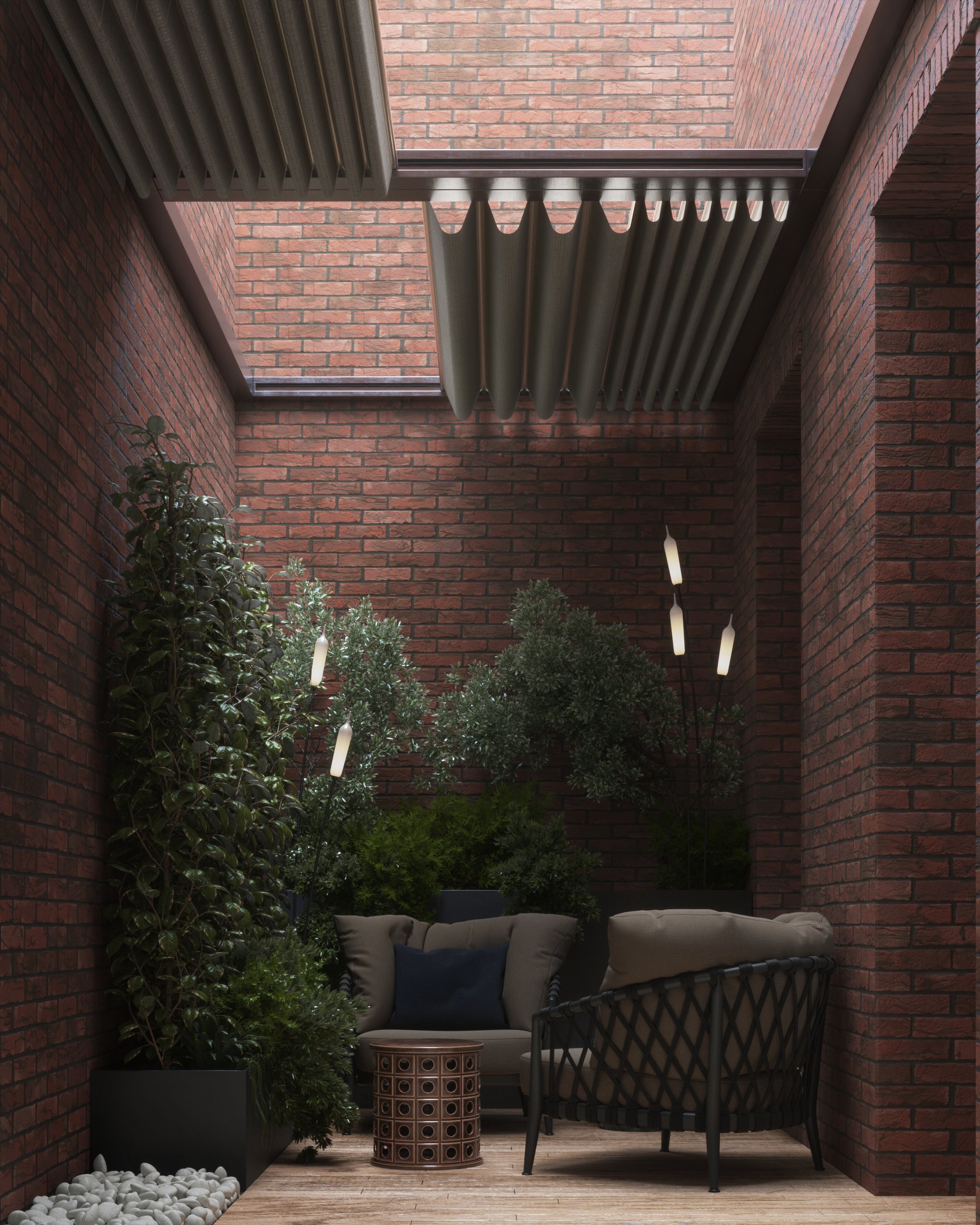 Covered terrace with exposed brick walls and planting.