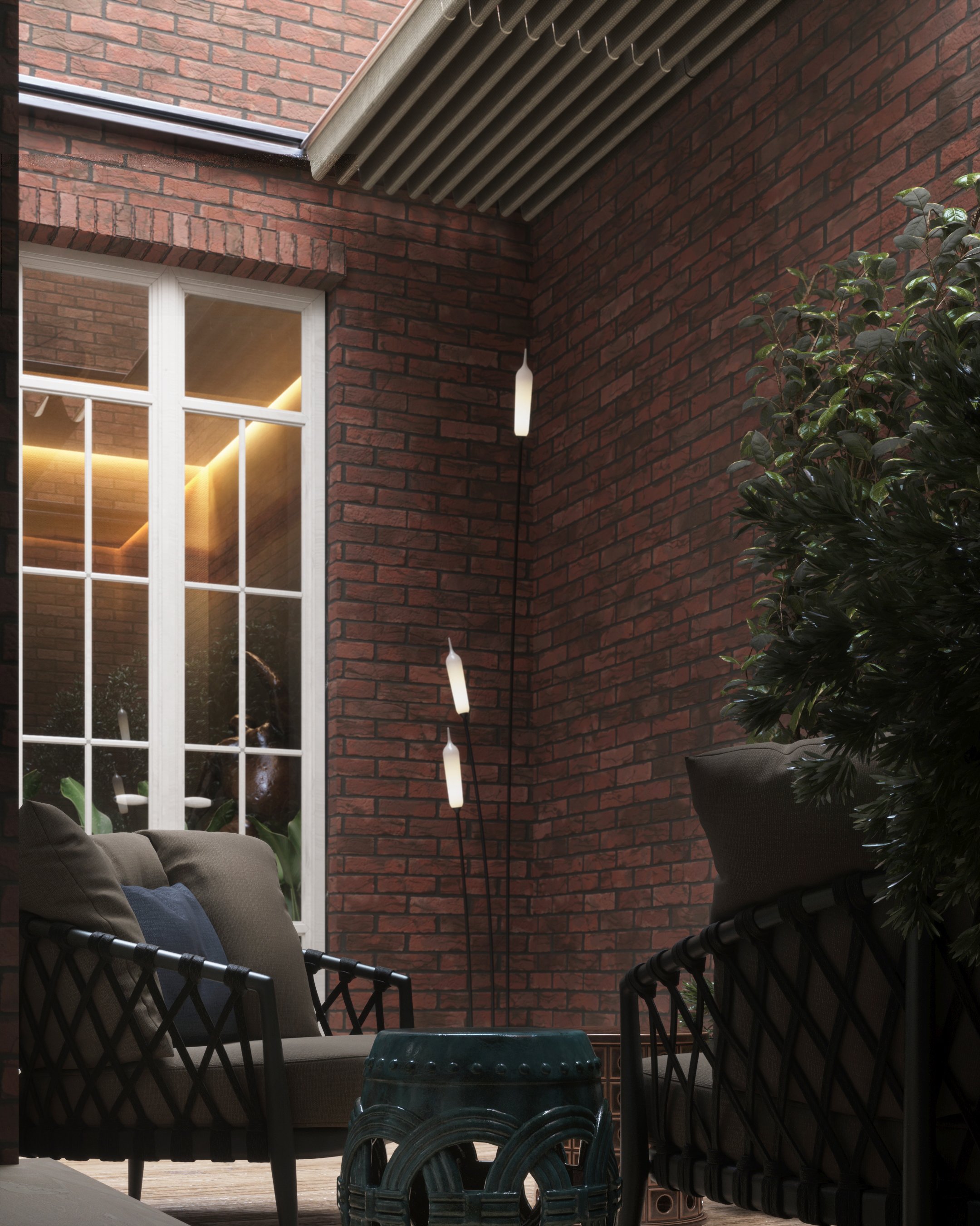 Terrace seating area beneath brick archways.