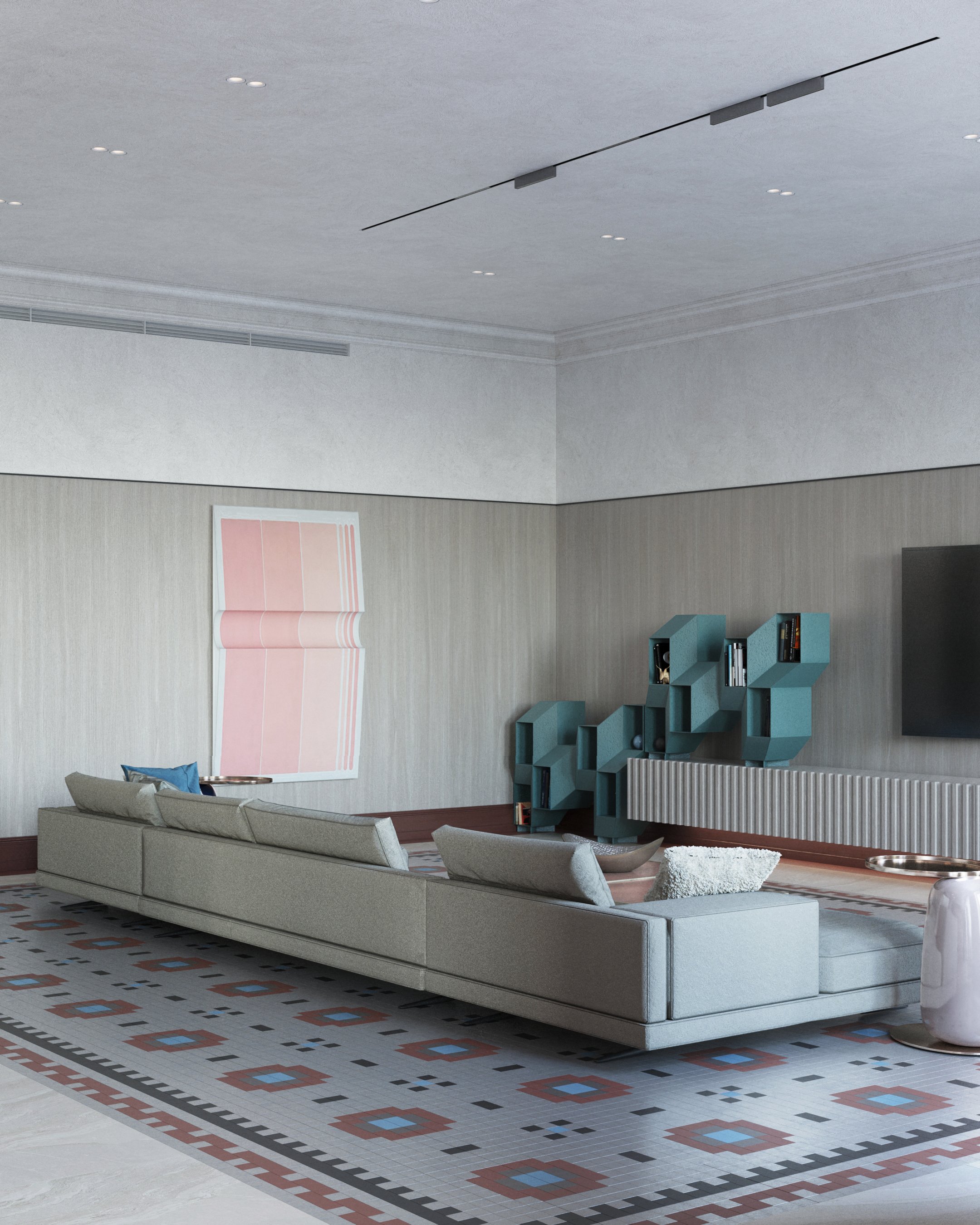 Living room seating area facing a wall-mounted television.