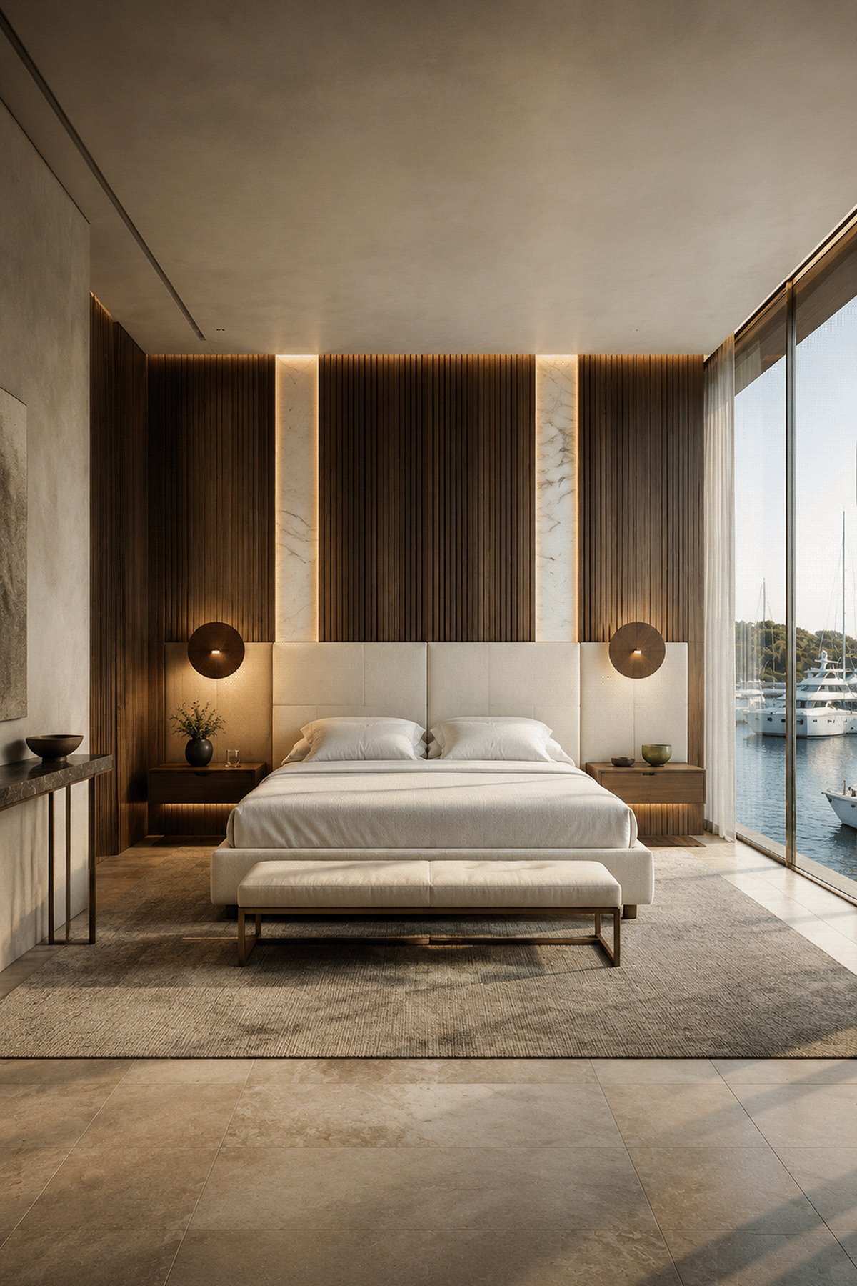 Guest bedroom with a glazed wall overlooking the marina.