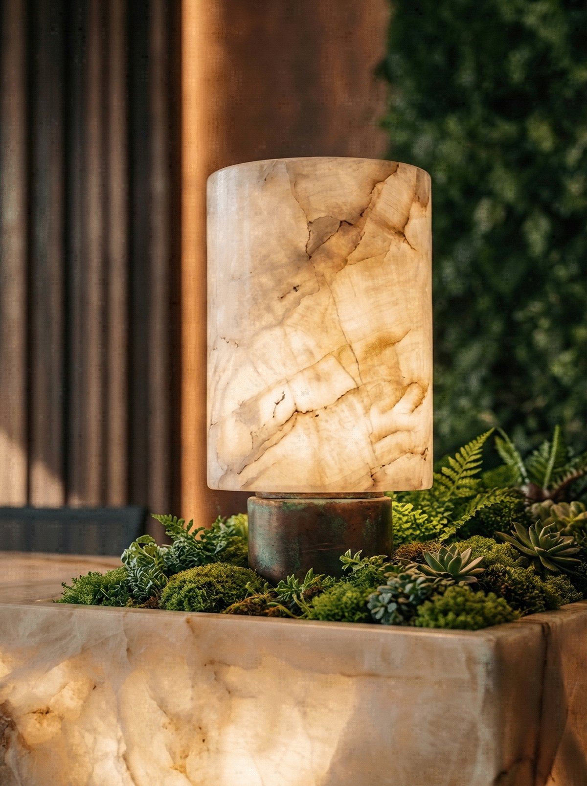 Detail of an alabaster table lamp among planting.