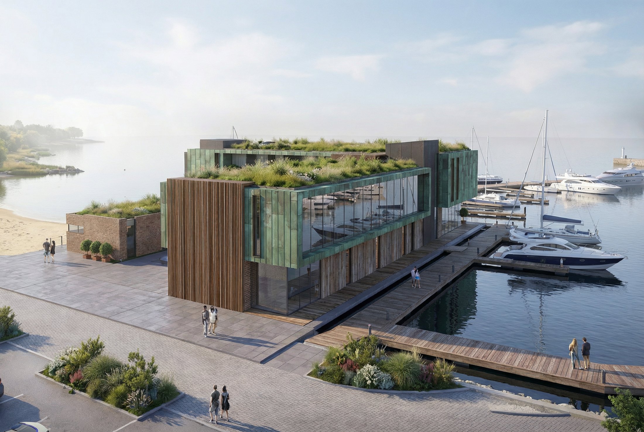 Aerial exterior view of the hotel complex beside the marina, with visitors on the waterfront promenade.