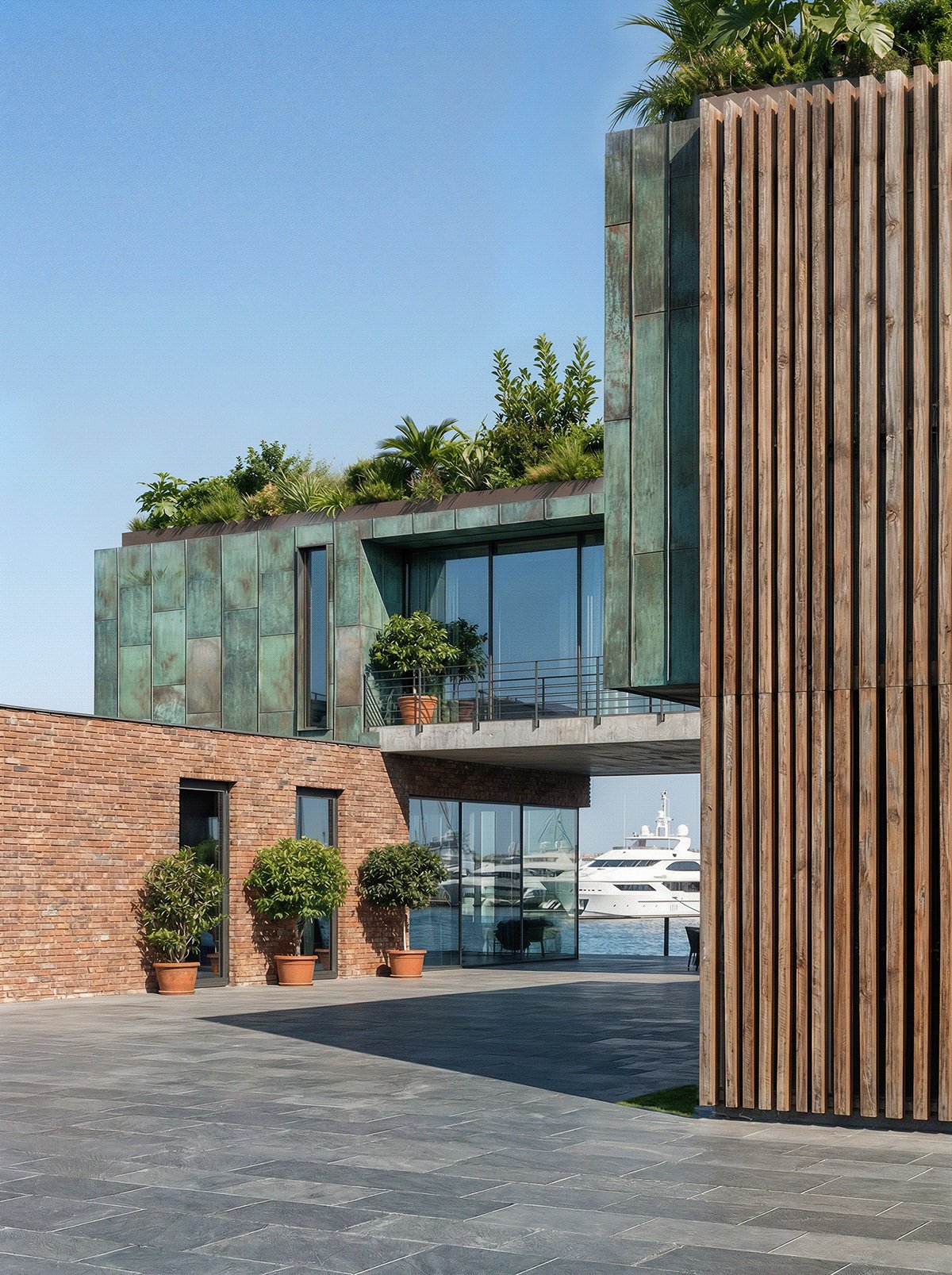 Exterior detail of the planted roof and timber facade.