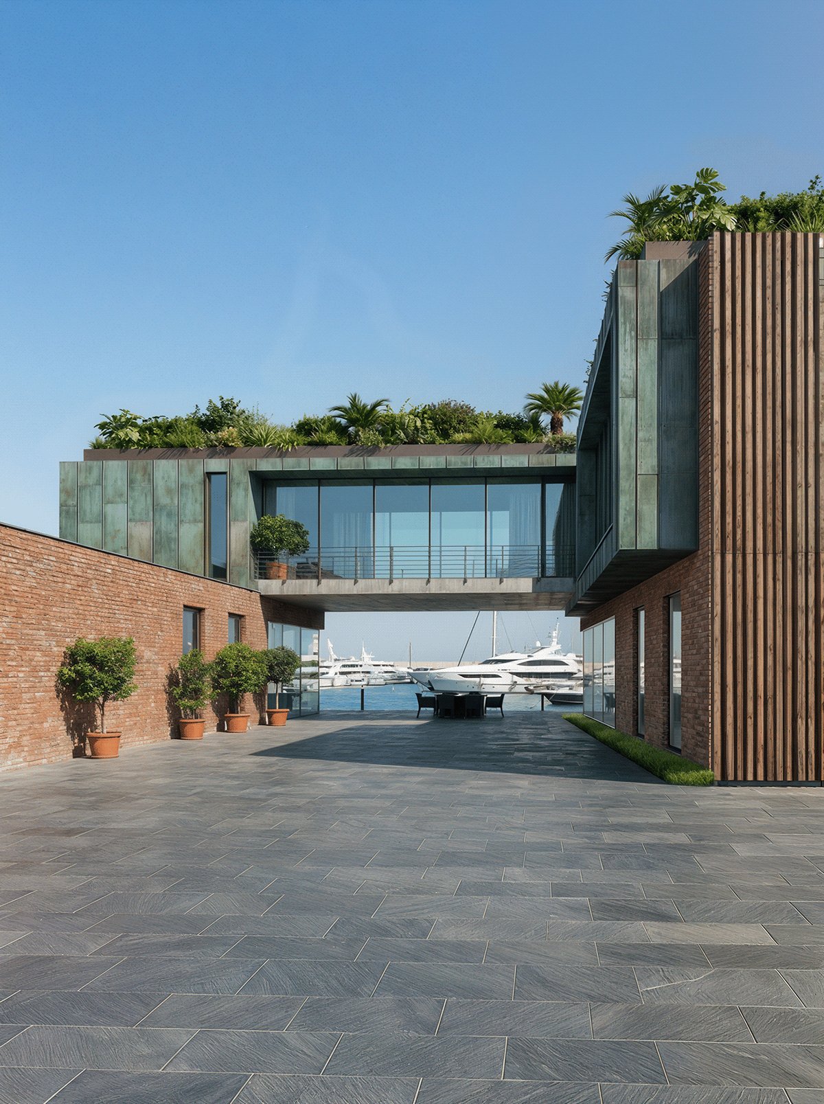 Exterior entrance view with landscaped planting.