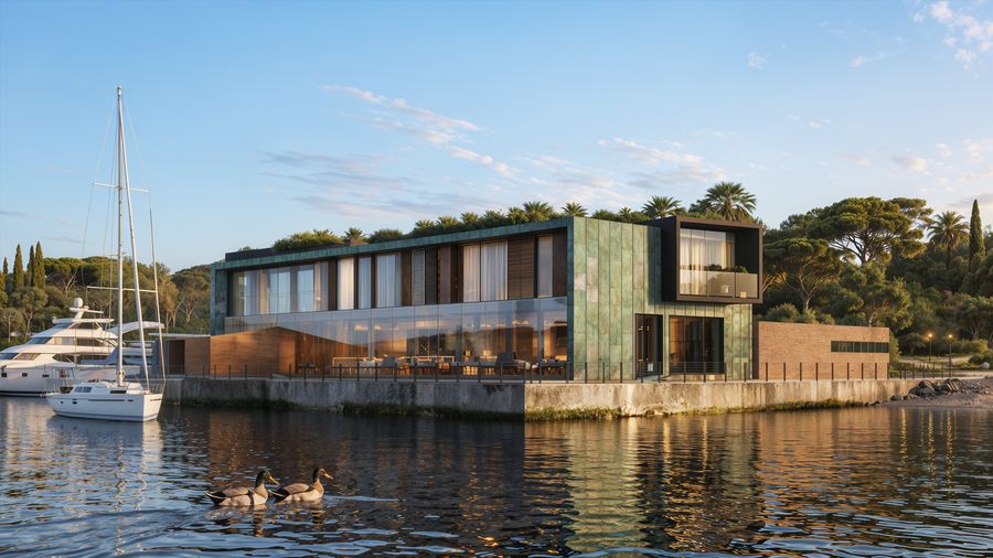 Golden hour exterior render of a coastal hotel and spa complex near Malaga, with a yacht moored beside it.