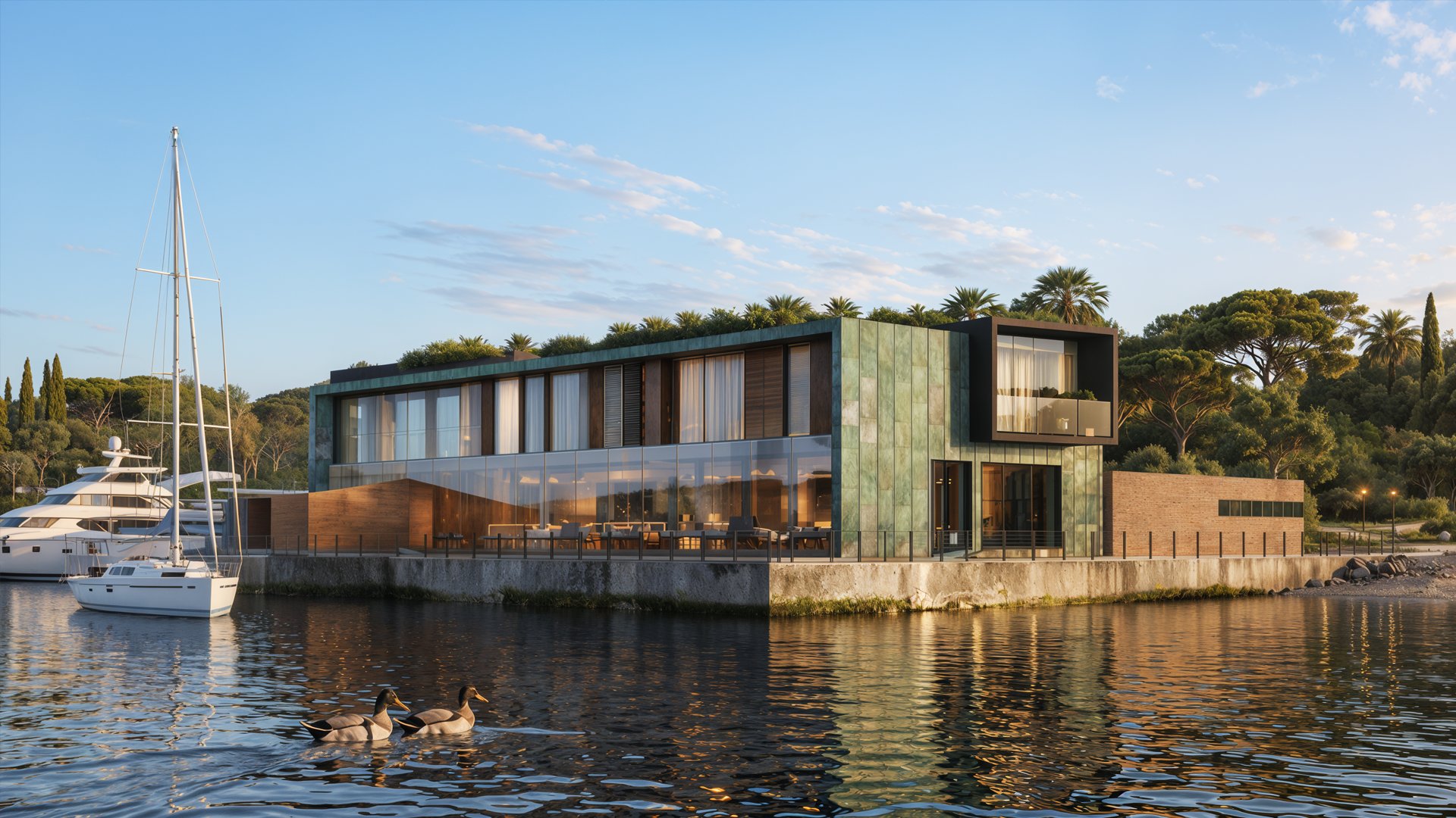Golden hour exterior render of a coastal hotel and spa complex near Malaga, with a yacht moored beside it.