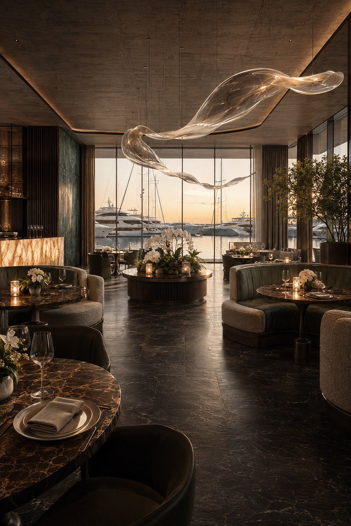 Interior lounge and bar area with sculptural pendant lighting.