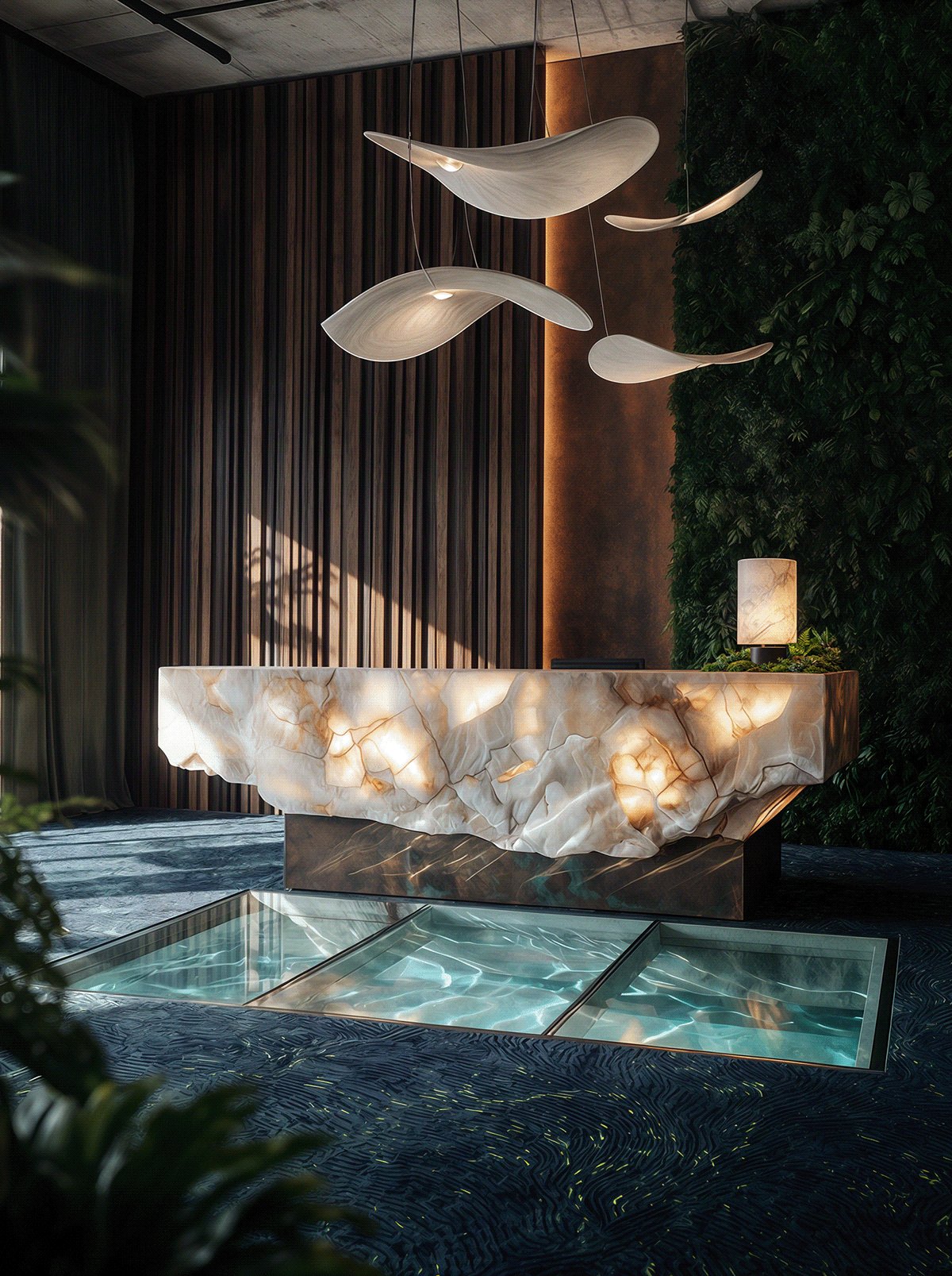 Spa detail with a sculptural stone feature and a glass bridge over water.
