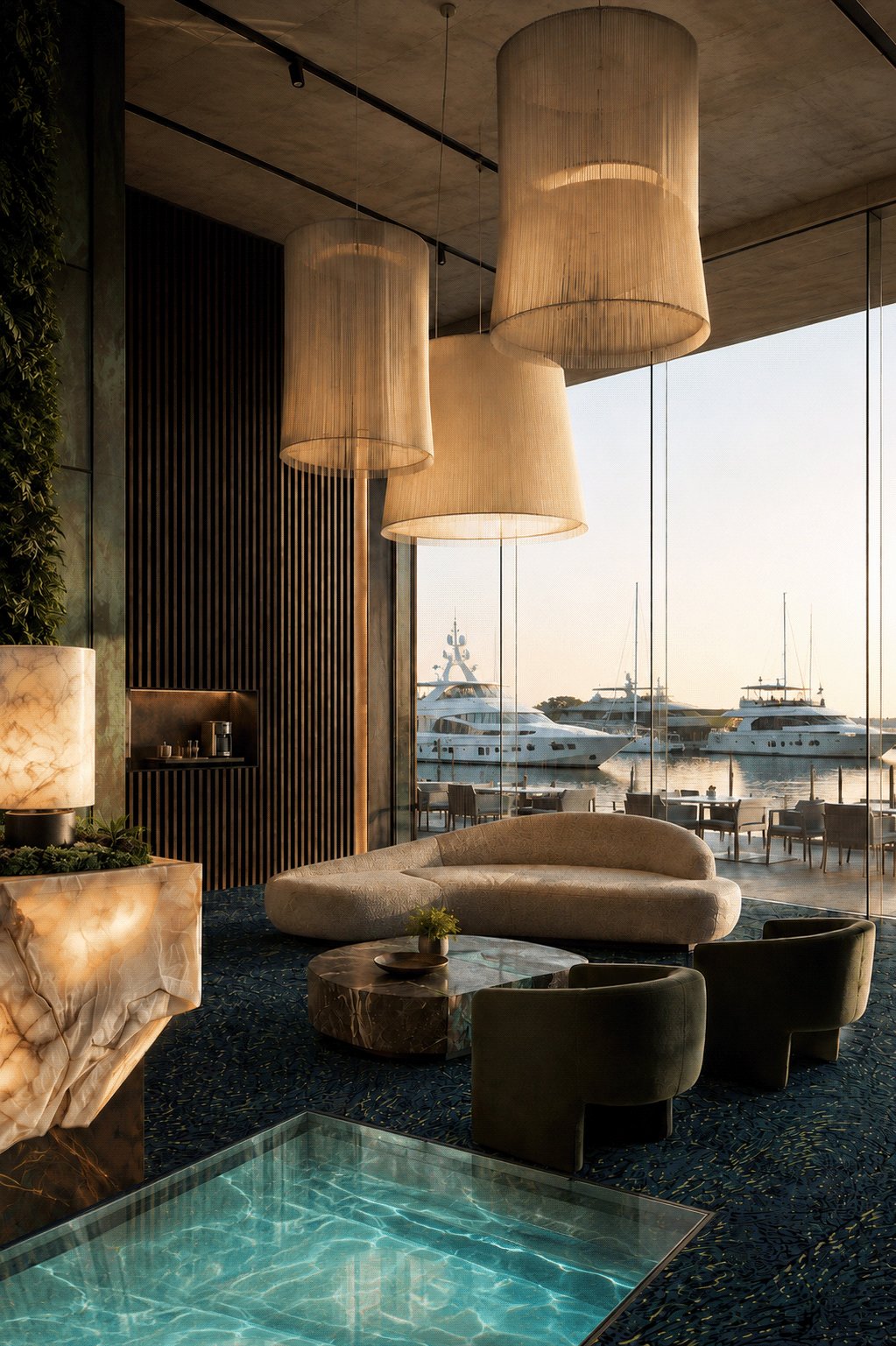 Indoor spa pool with pendant lighting and a marina view.