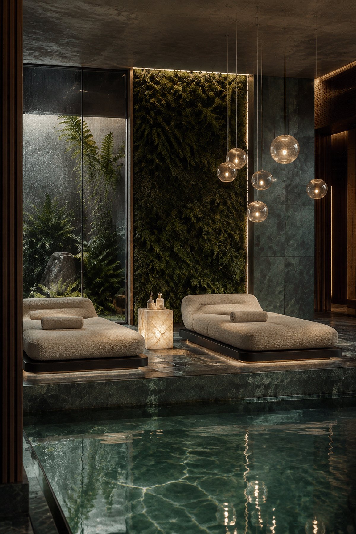 Indoor spa pool with loungers and a planted green wall.