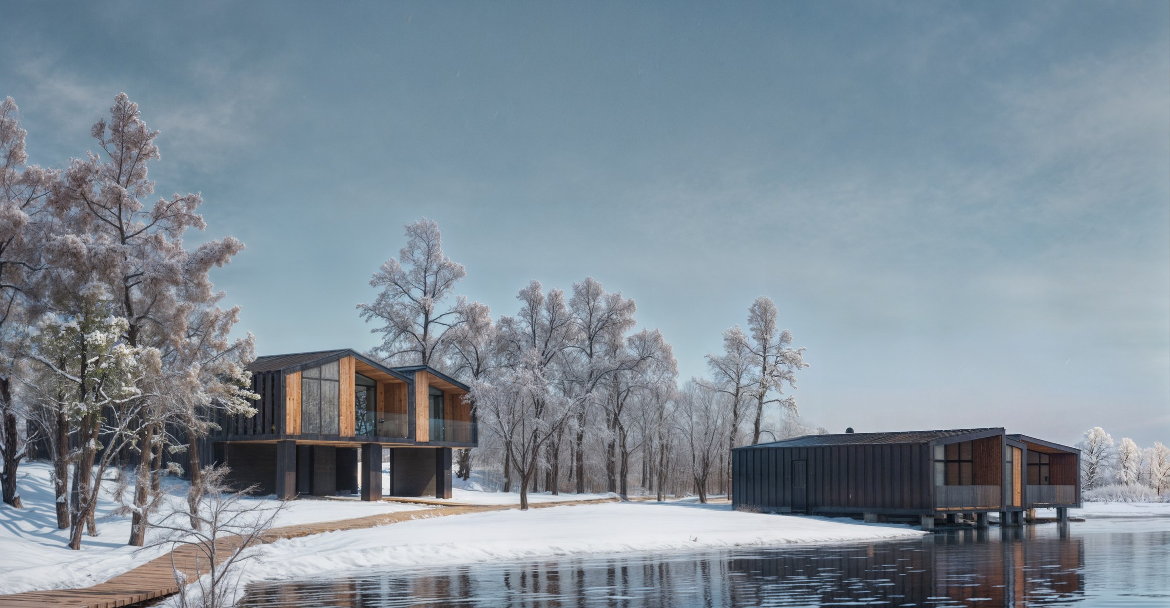 Winter view of timber guest cabins raised on piers along the riverbank.