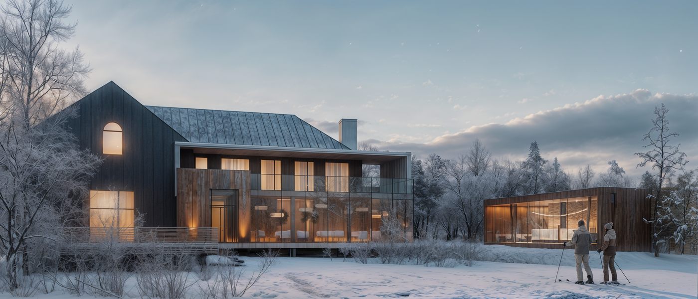 Dusk view of the Relax Park restaurant and reception buildings in a snowy riverside landscape.