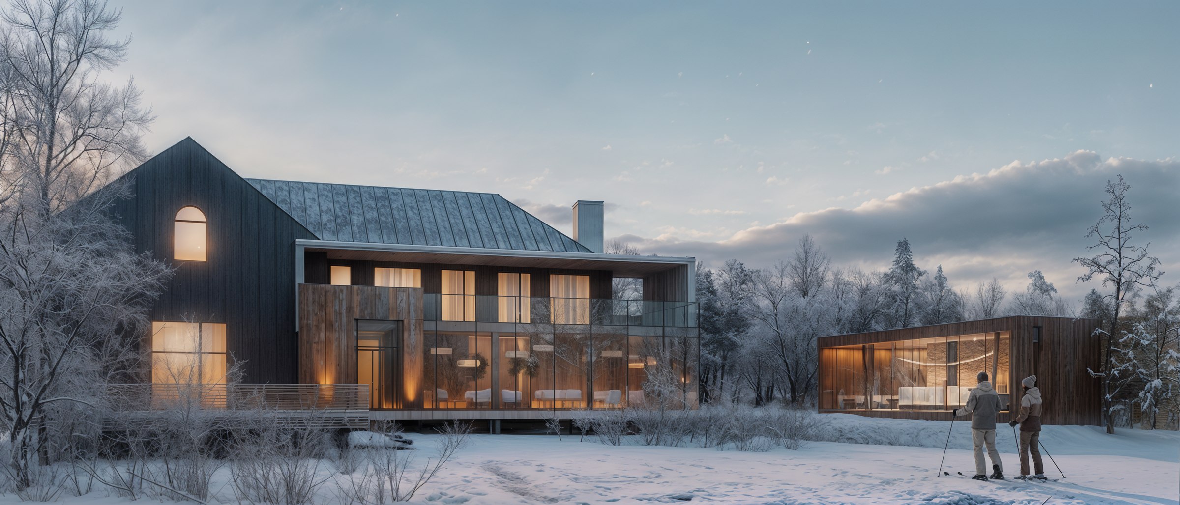 Dusk view of the Relax Park restaurant and reception buildings in a snowy riverside landscape.