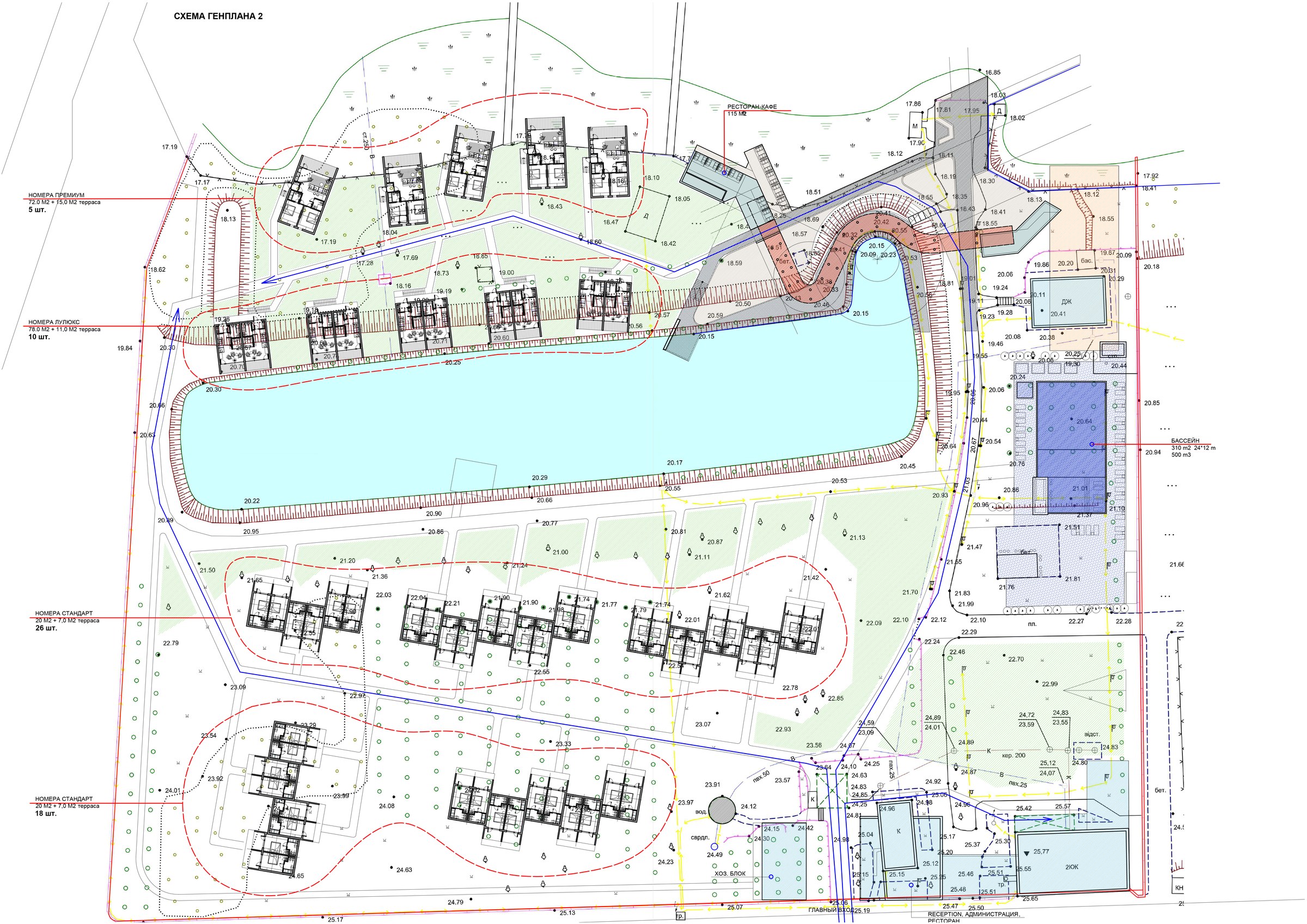 Master plan drawing of the Relax Park complex, showing the restaurant, cabin clusters, pool and promenade.