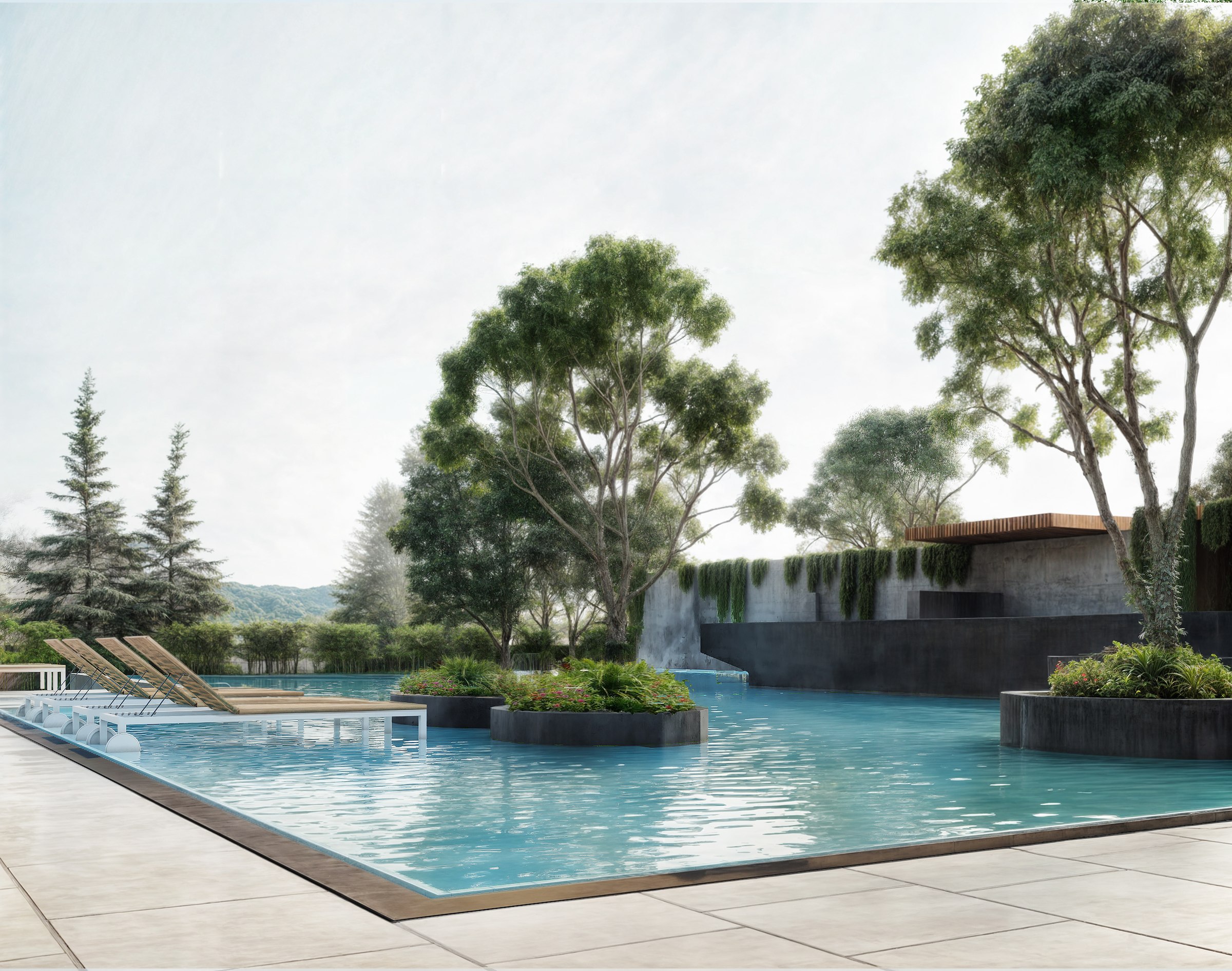 Pool with planted islands and lounge chairs, framed by mature trees.