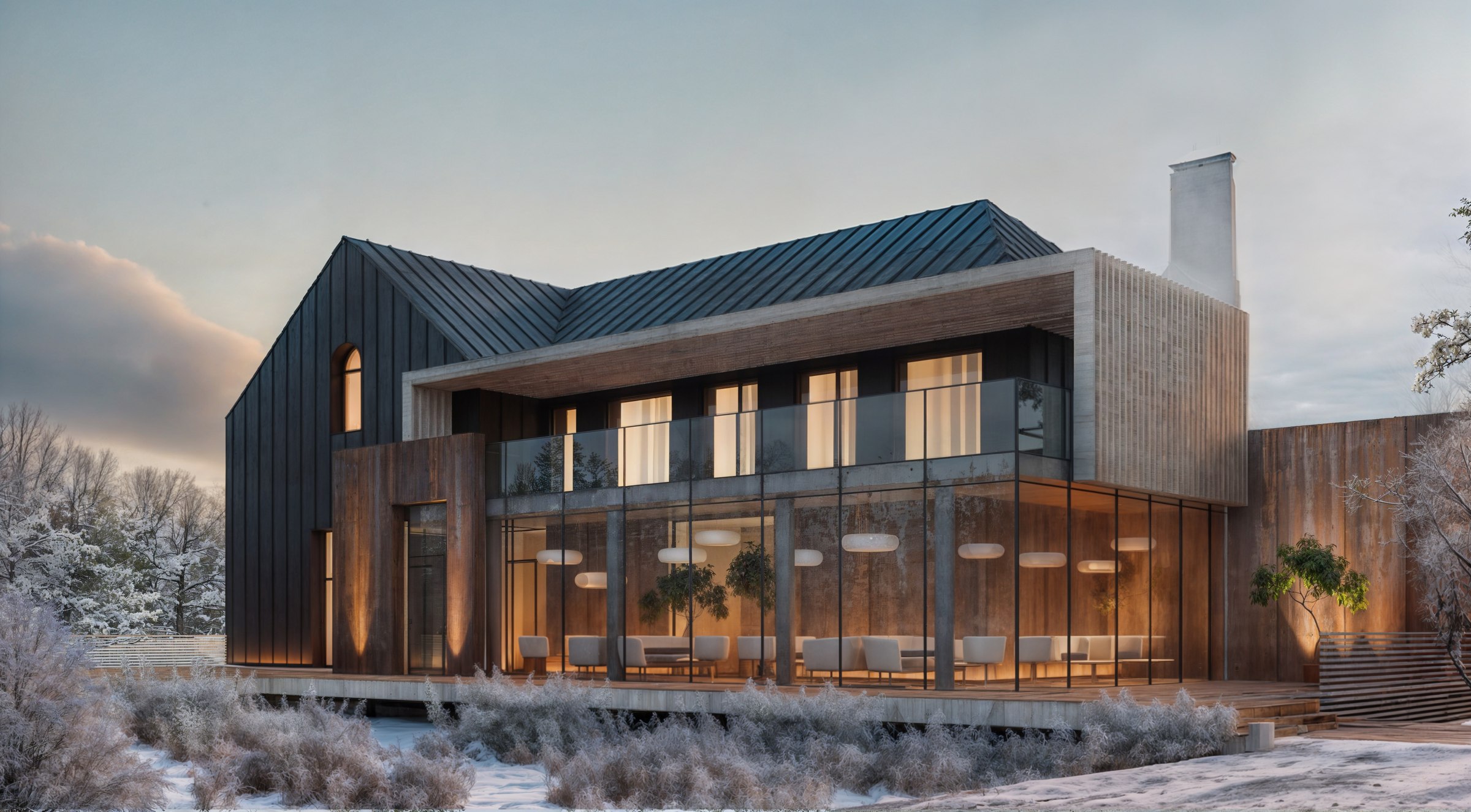Dusk exterior of the Relax Park restaurant building with a dark standing-seam roof and glazed dining hall.