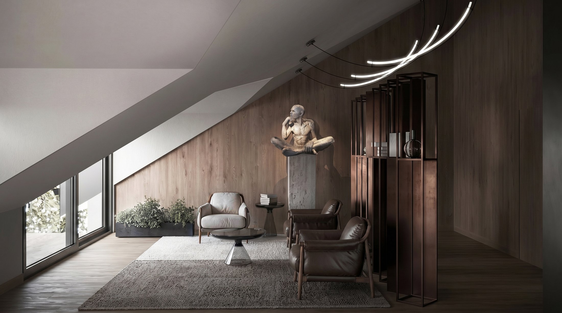 Upper-level lounge beneath a sloped ceiling, with a sculpture and armchair.