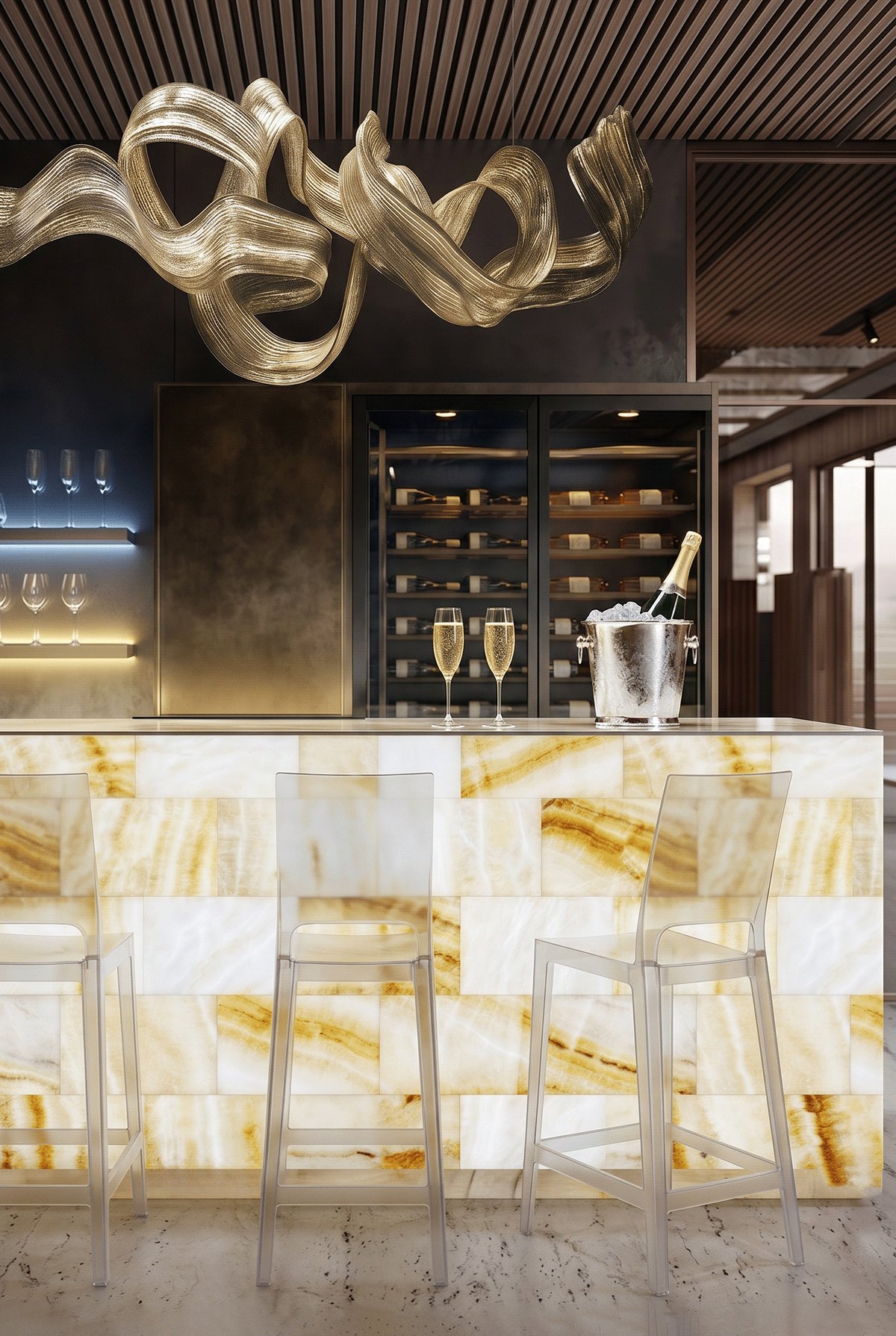 Home bar with an onyx counter and a sculptural gold pendant light.
