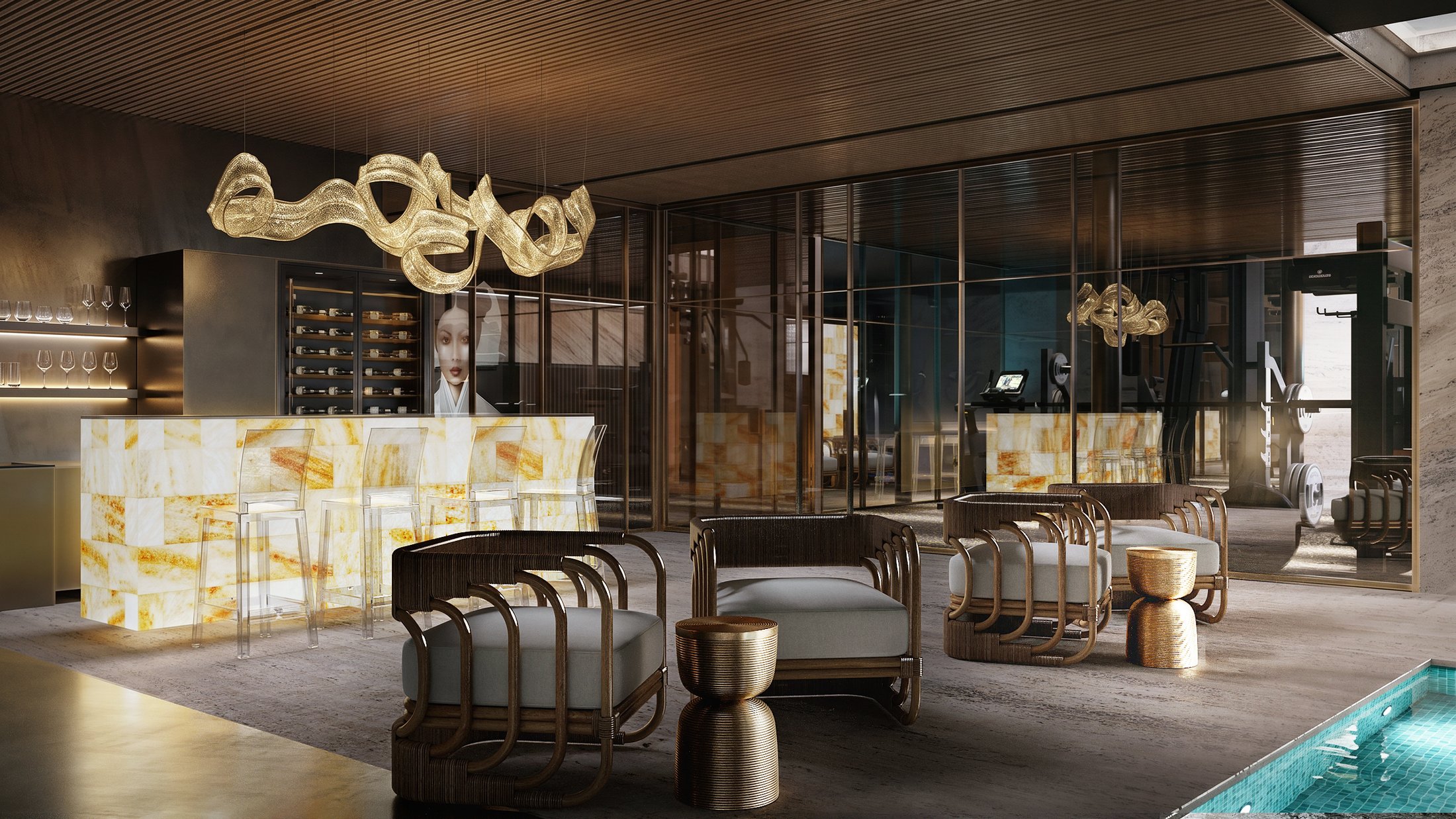 Bar area with backlit onyx panelling and a gold light fixture.