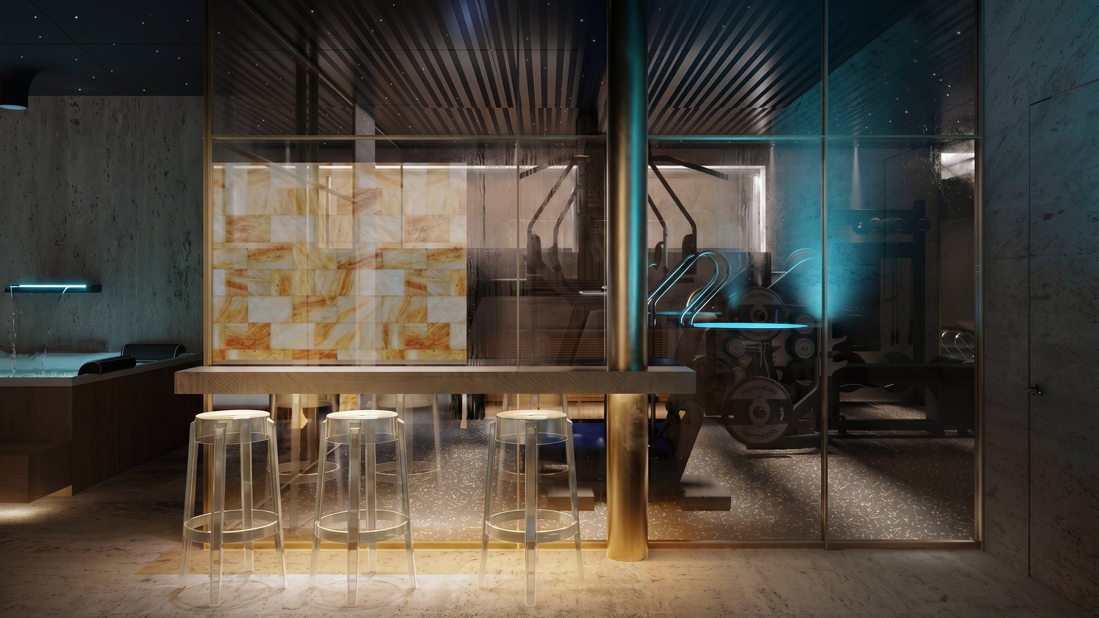 Bar with a blue-lit onyx panel and high stools.