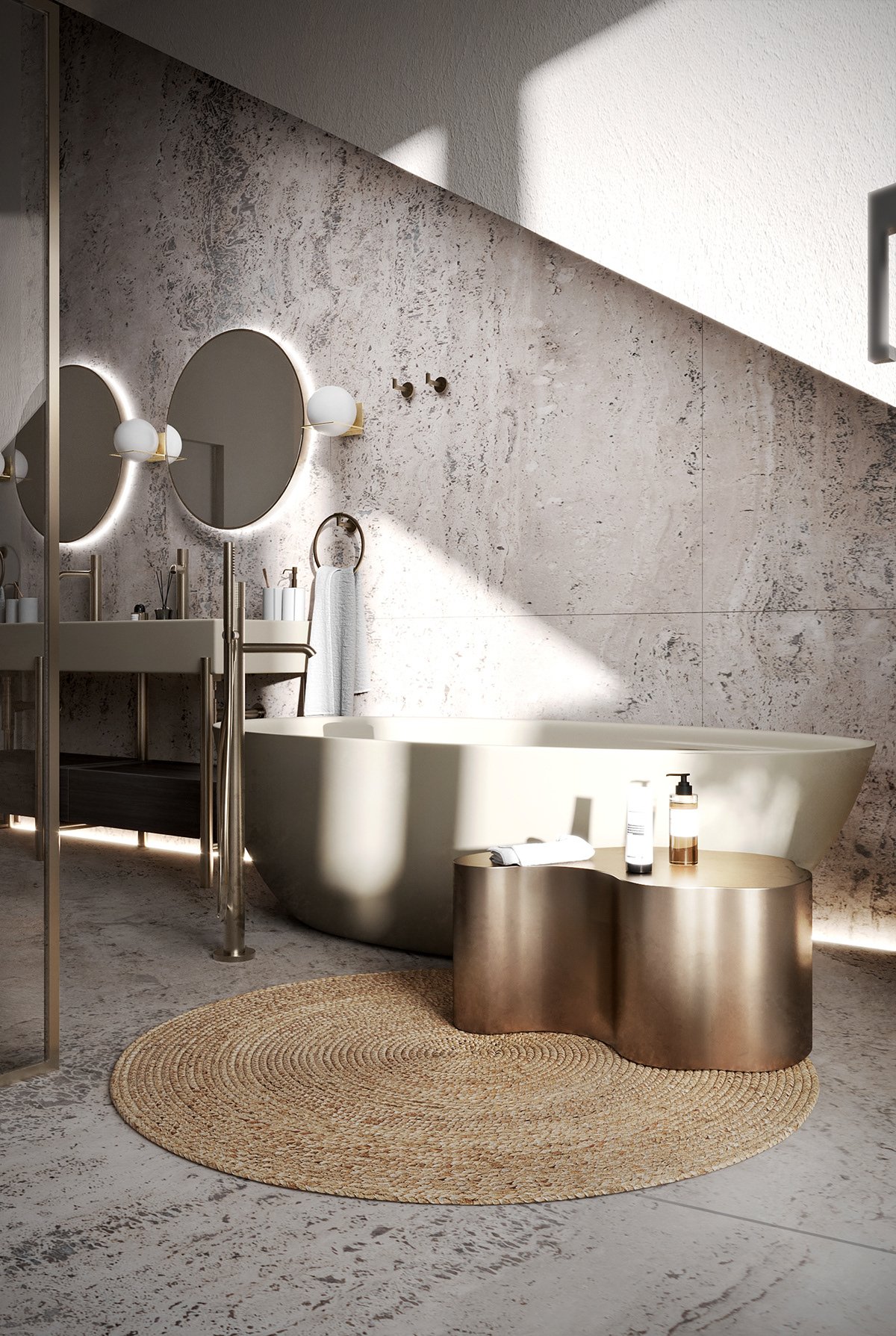 Principal bathroom with double round mirrors and a freestanding tub.