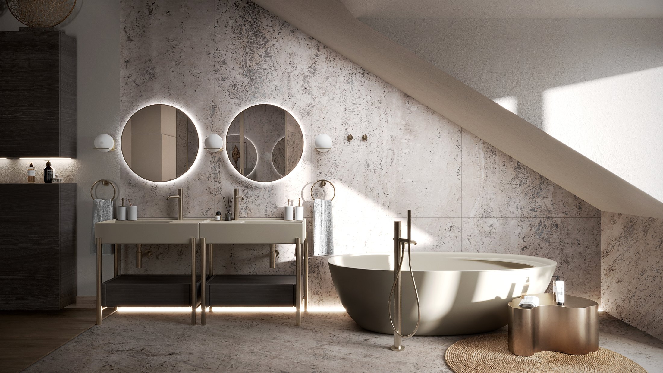 Second bathroom with double vanity beneath a sloped ceiling.