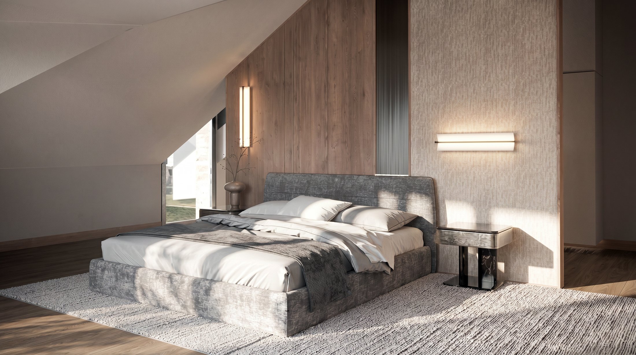 Bedroom beneath a sloped ceiling with warm timber panelling.