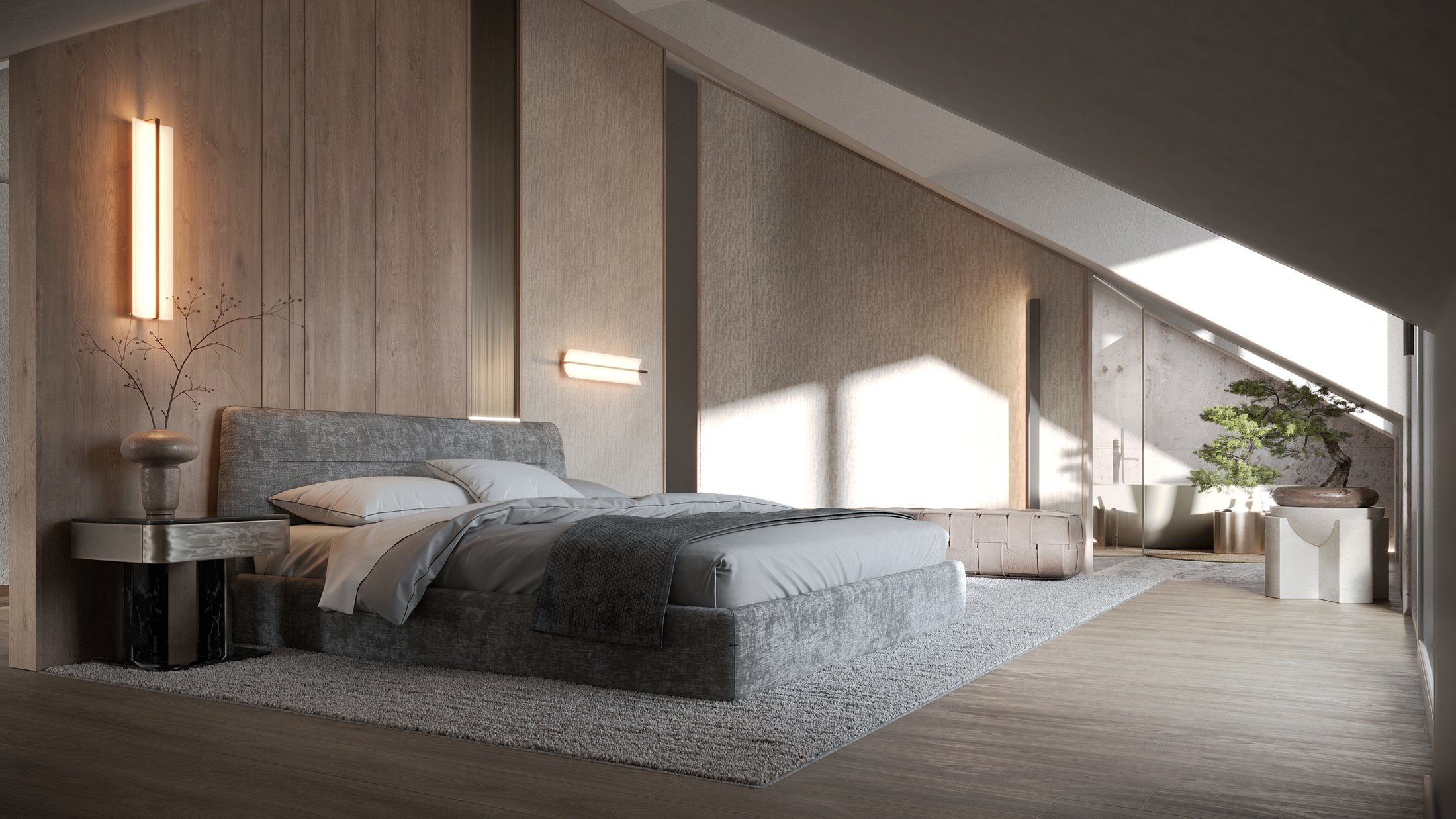 Bedroom beneath a sloped ceiling with a single wall light.