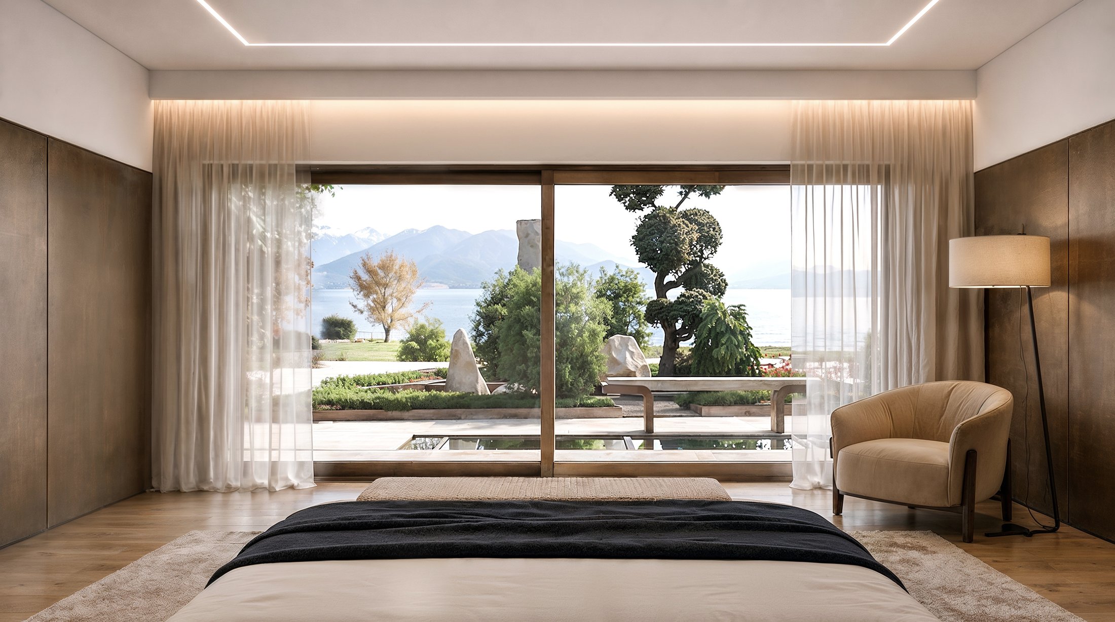 Bedroom with a panoramic window facing the lake.