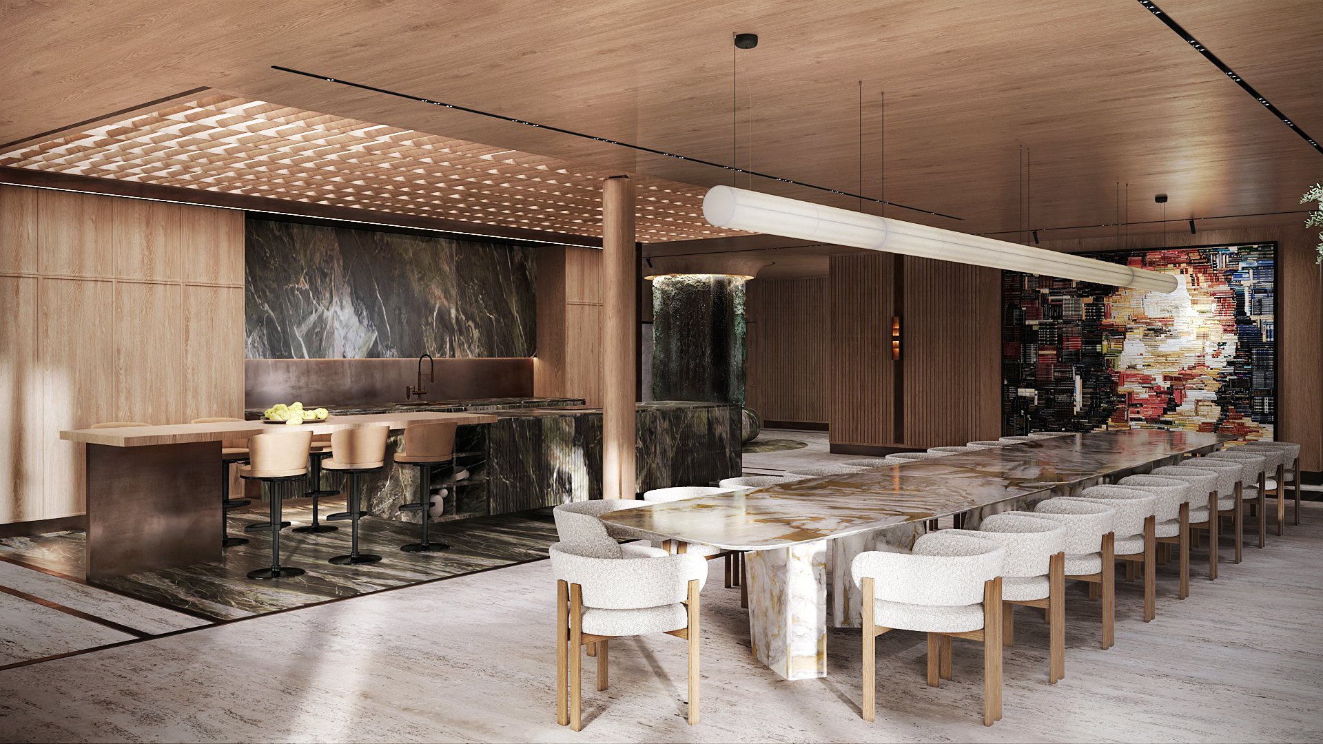 Dining hall with a long table beneath a patterned wood ceiling.