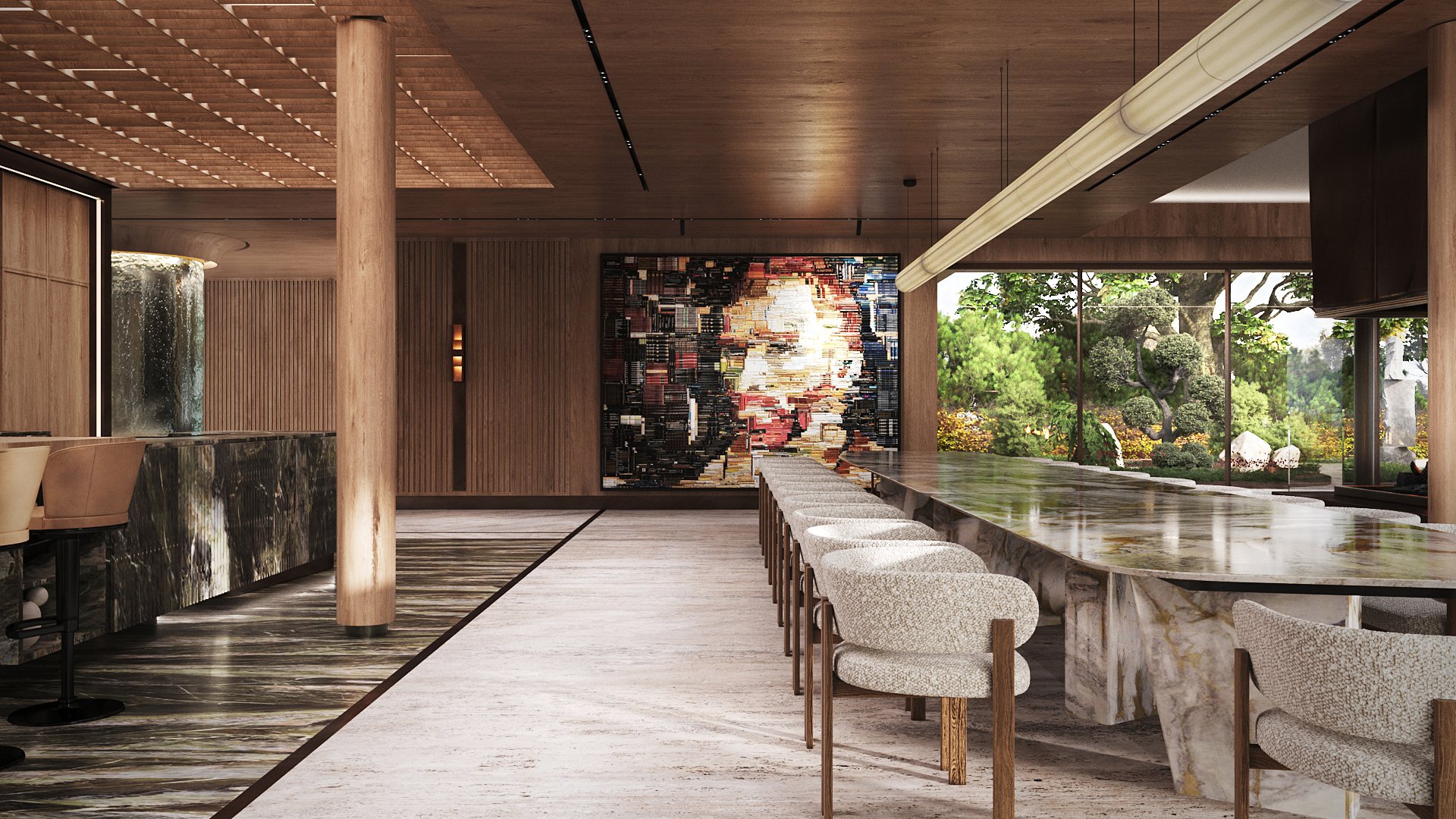 Long dining table with a reflective floor and garden view.