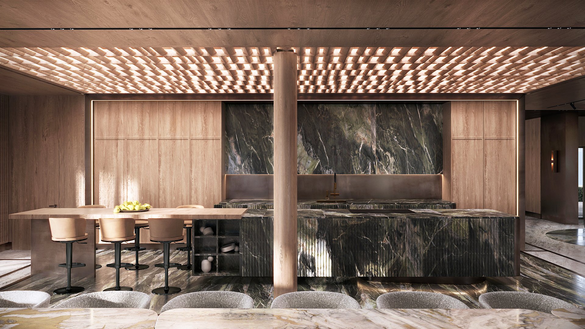 Dining and bar area with dramatic dark marble panelling.