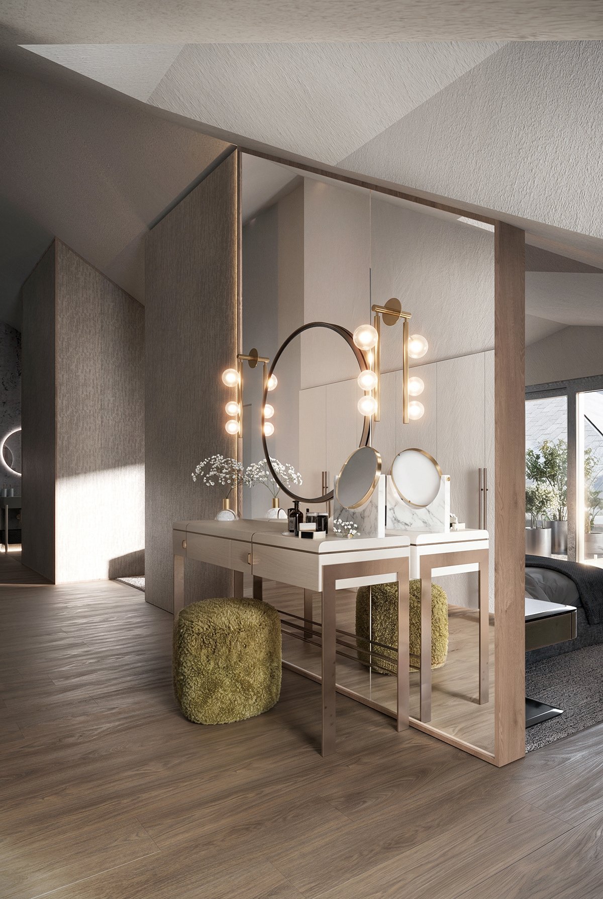 Dressing area with a round mirror beneath a sloped ceiling.