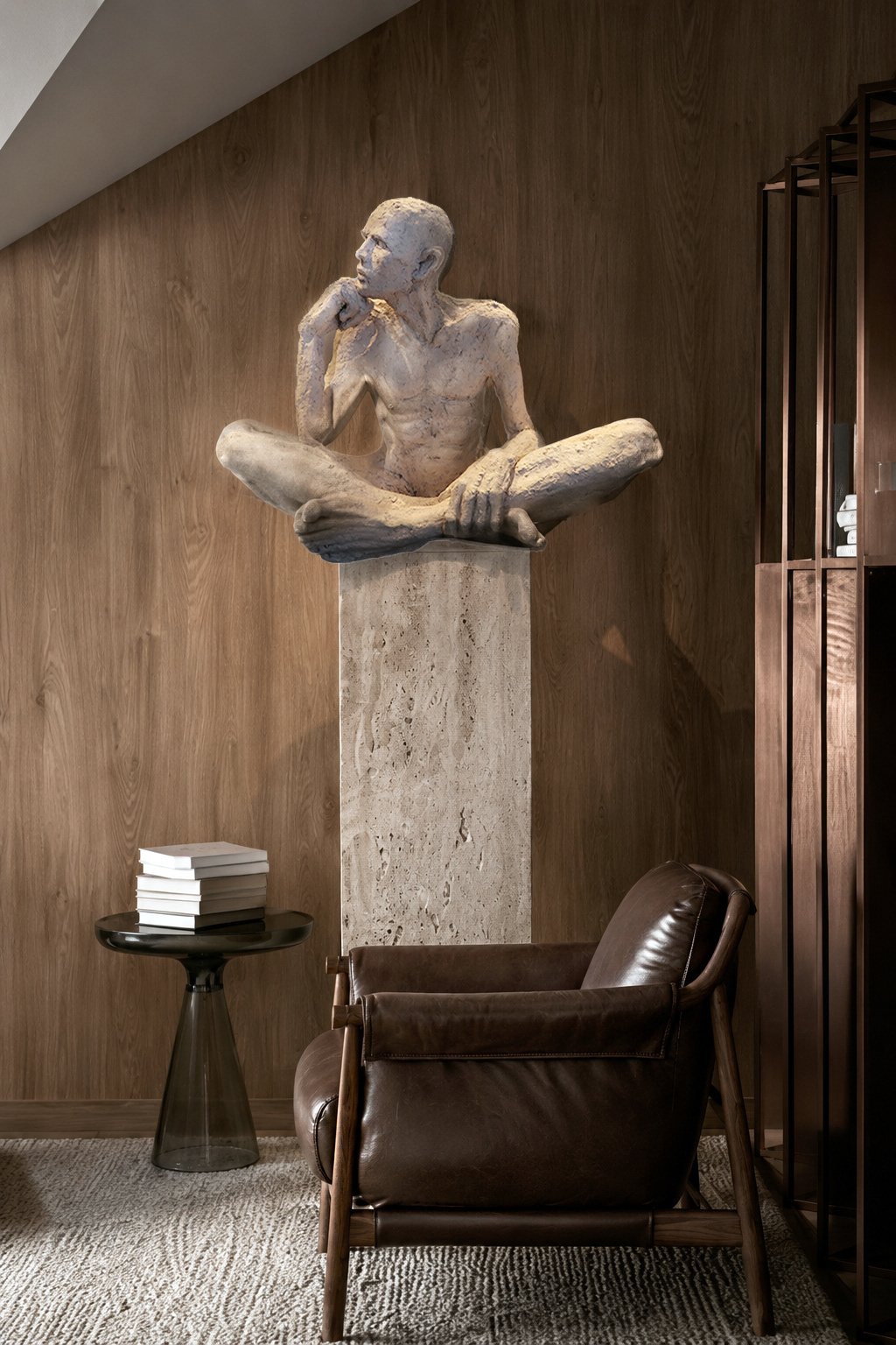 Entrance hall with a bronze sculpture, leather armchair and console.