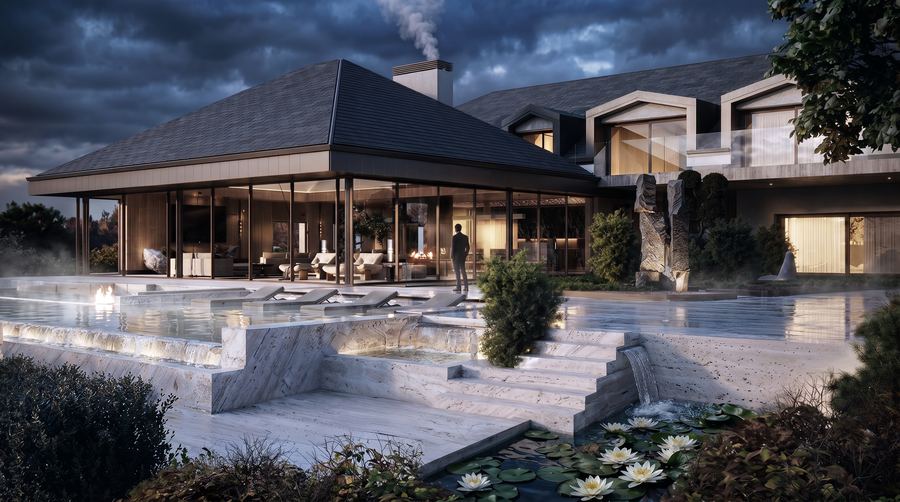 Dusk exterior render of a private villa in Rolle, Switzerland, with a lit pool terrace.