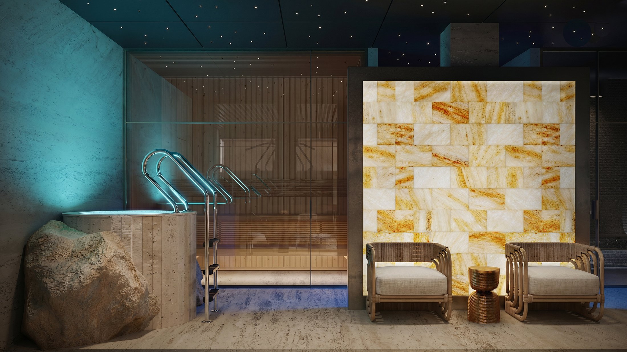 Indoor pool with a teal-lit sauna area and onyx wall.