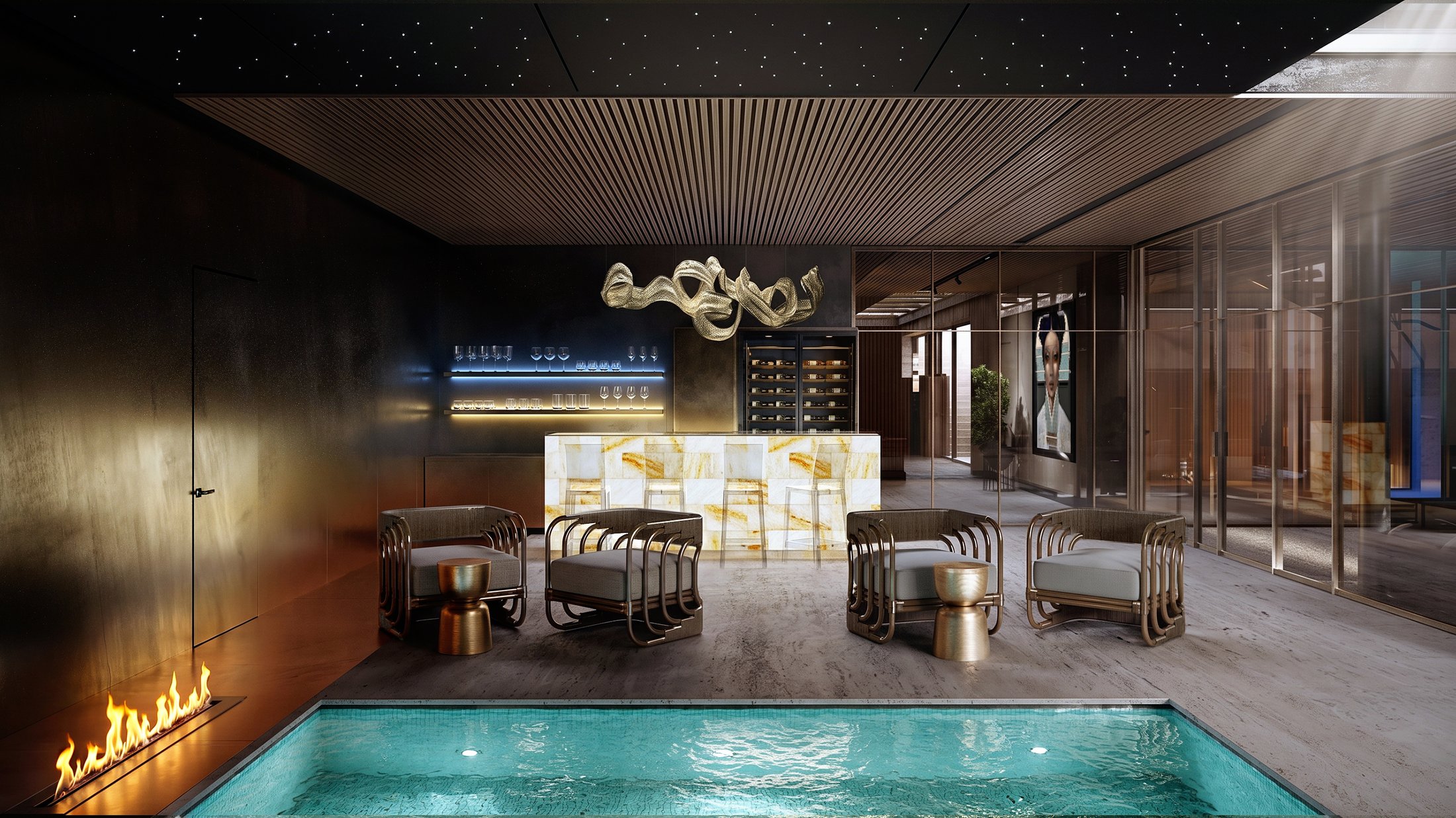 Indoor pool combined with a fireplace lounge, wide view.