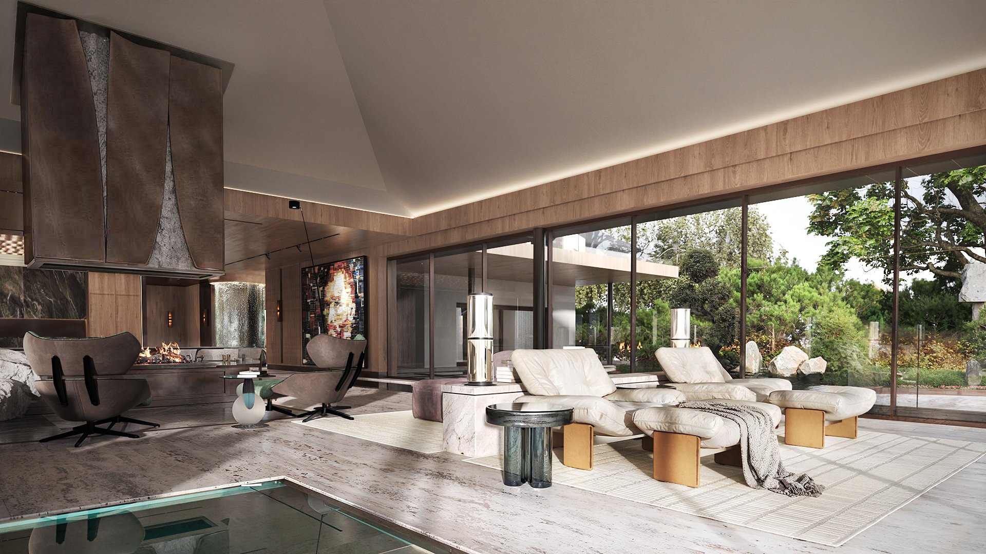 Living room with a linear fireplace and full-height glazing to the garden.