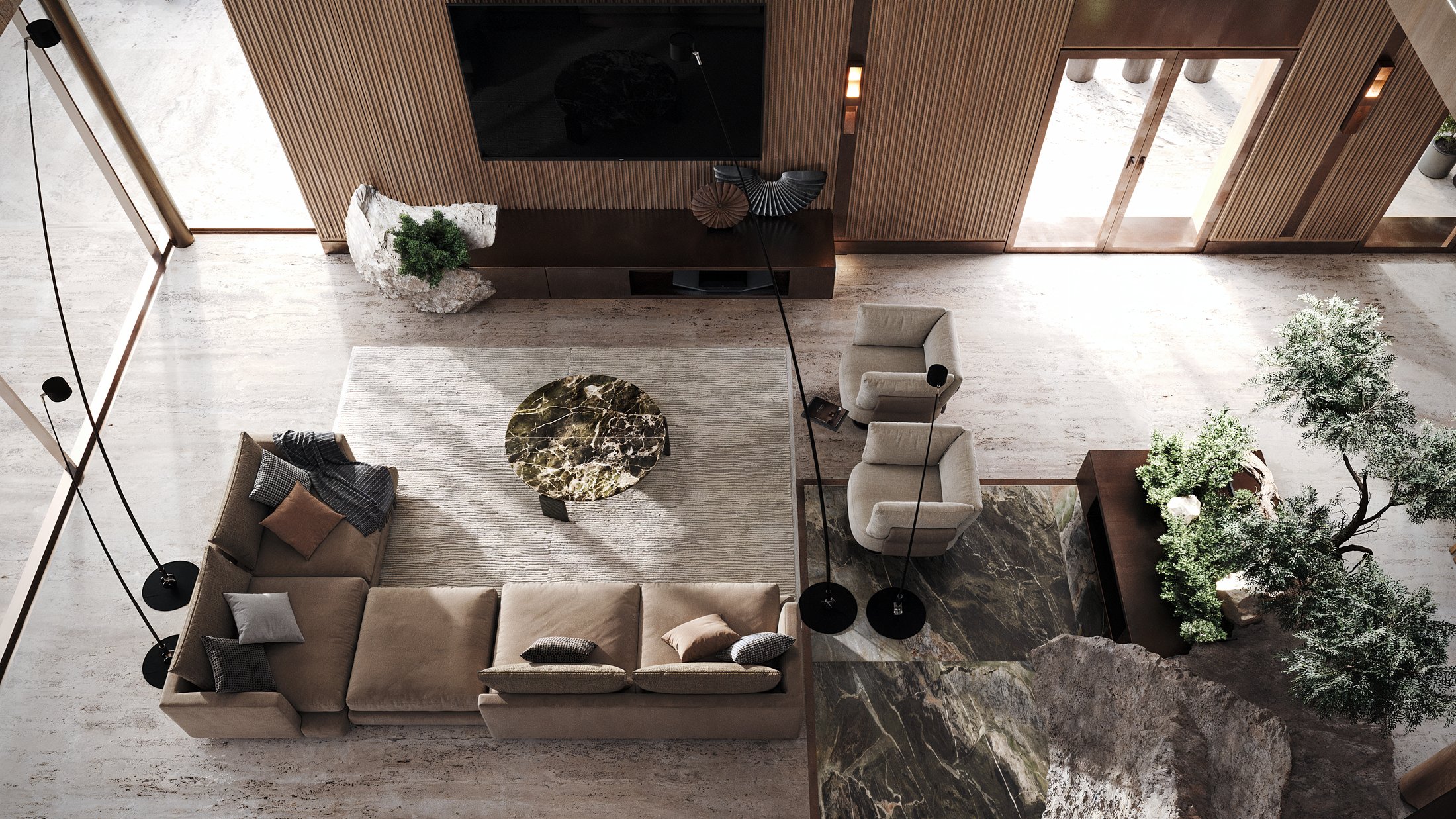 Overhead view of the double-height living room with a sunken seating area.