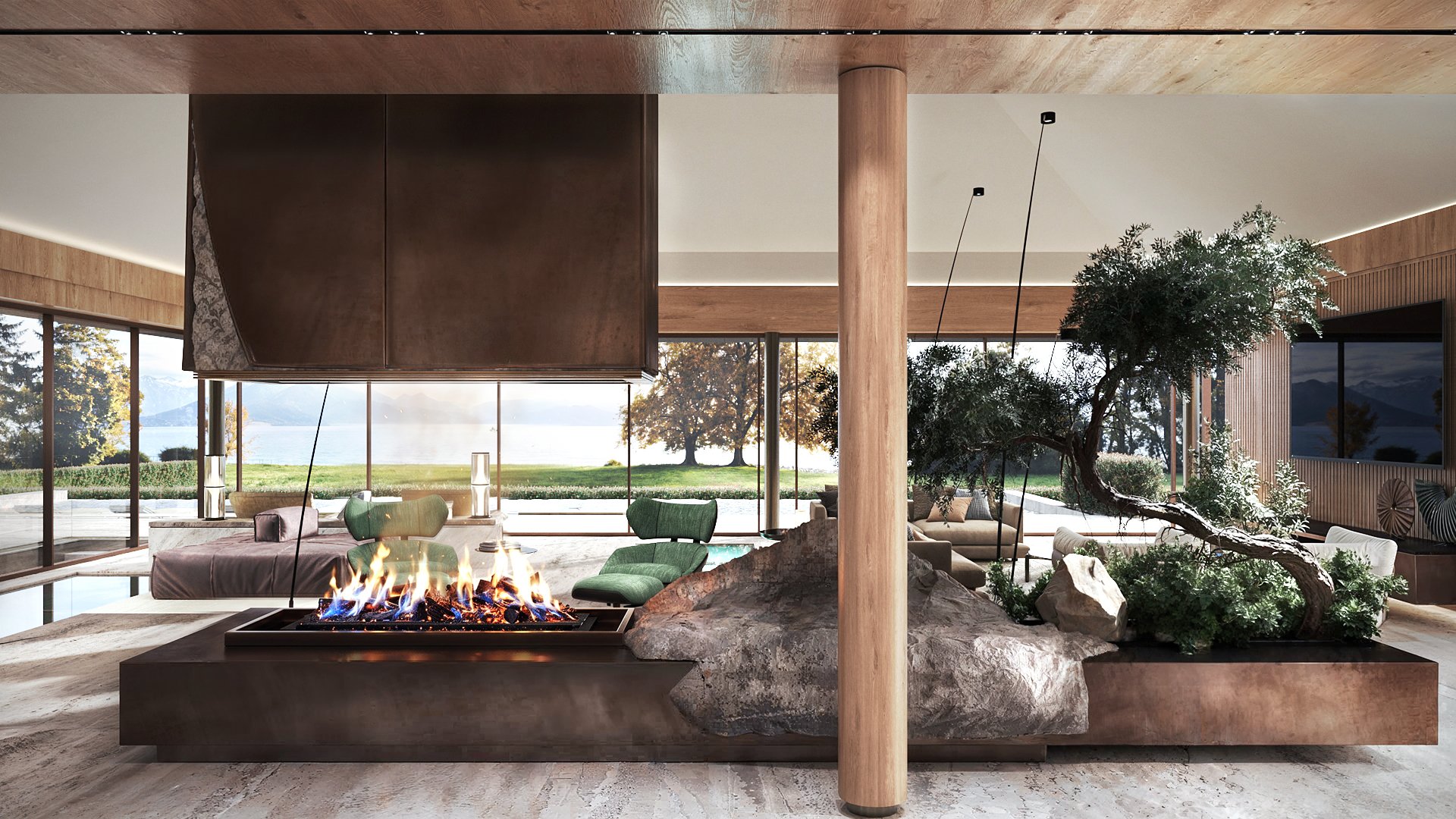 Outdoor lounge with a sunken fire pit and lake view.