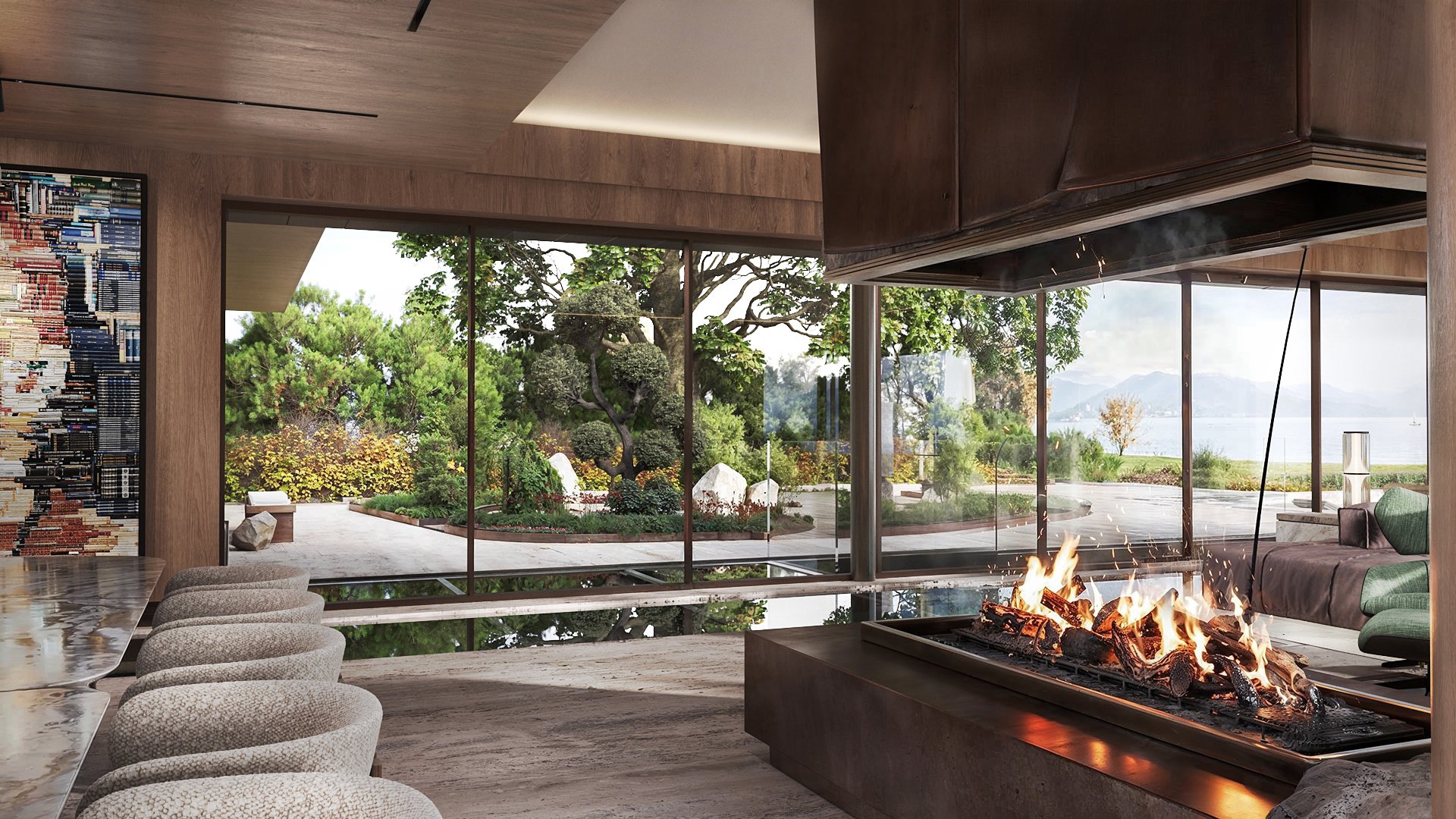 Outdoor lounge and fire pit, alternate view toward the garden.