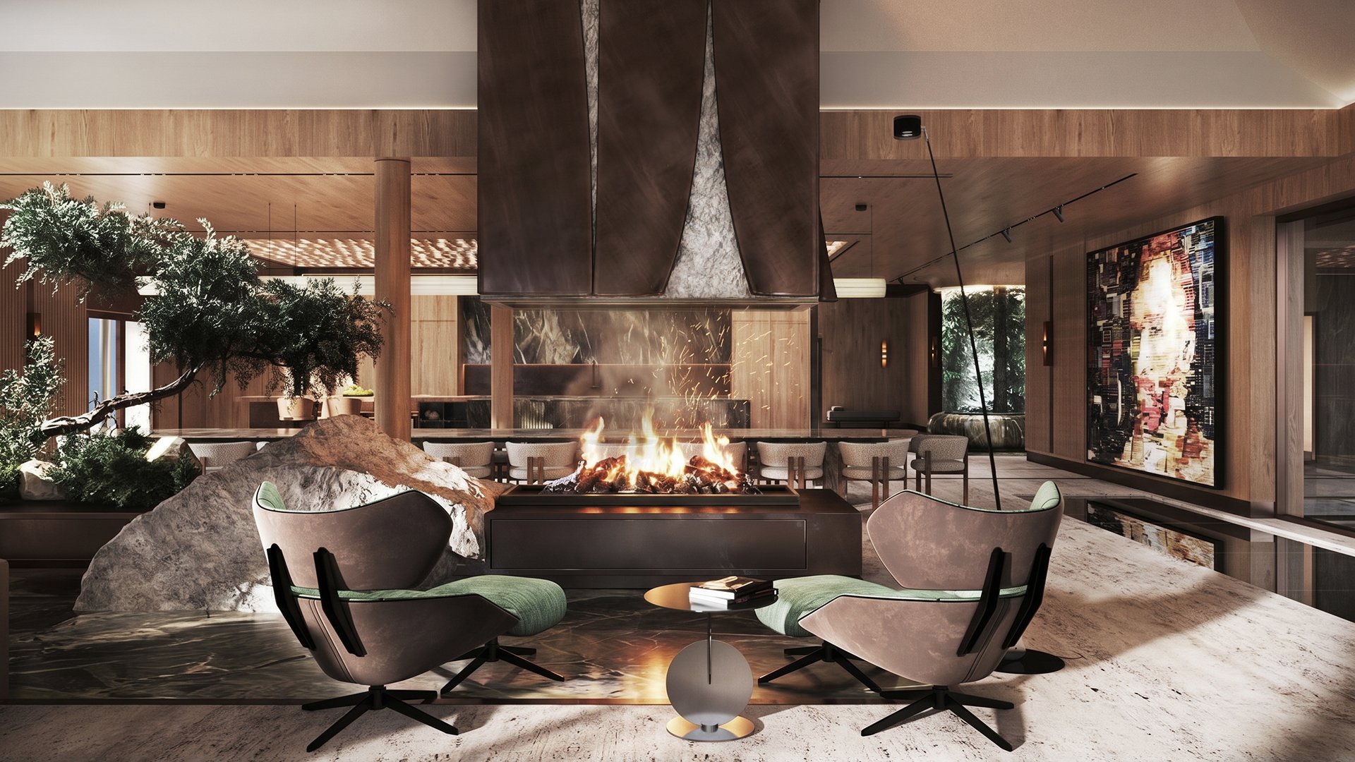 Double-height lounge with a sculptural fireplace and a natural stone boulder.