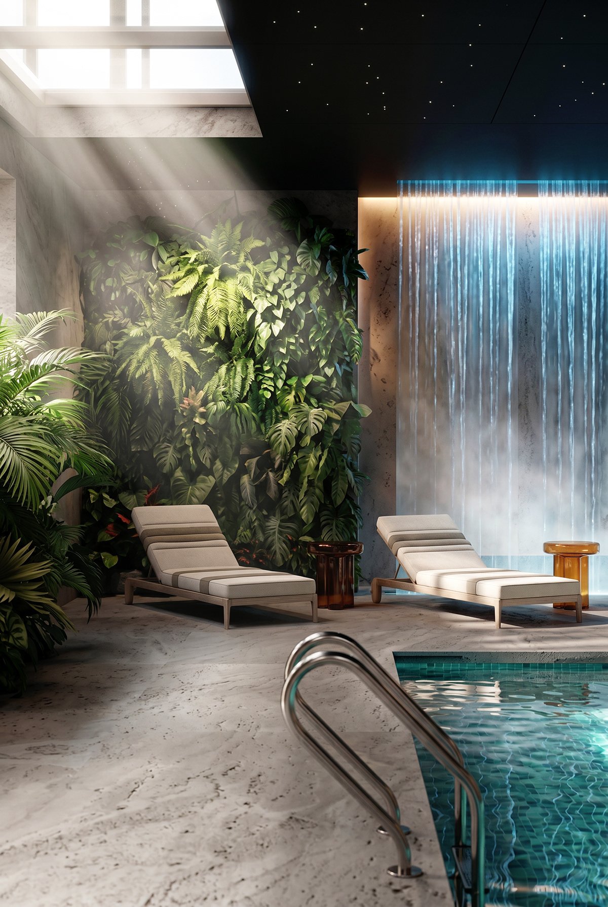 Outdoor spa with a waterfall feature and dusk lighting.