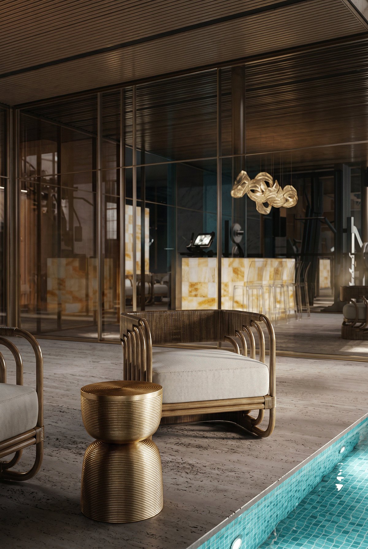 Poolside loungers at evening.