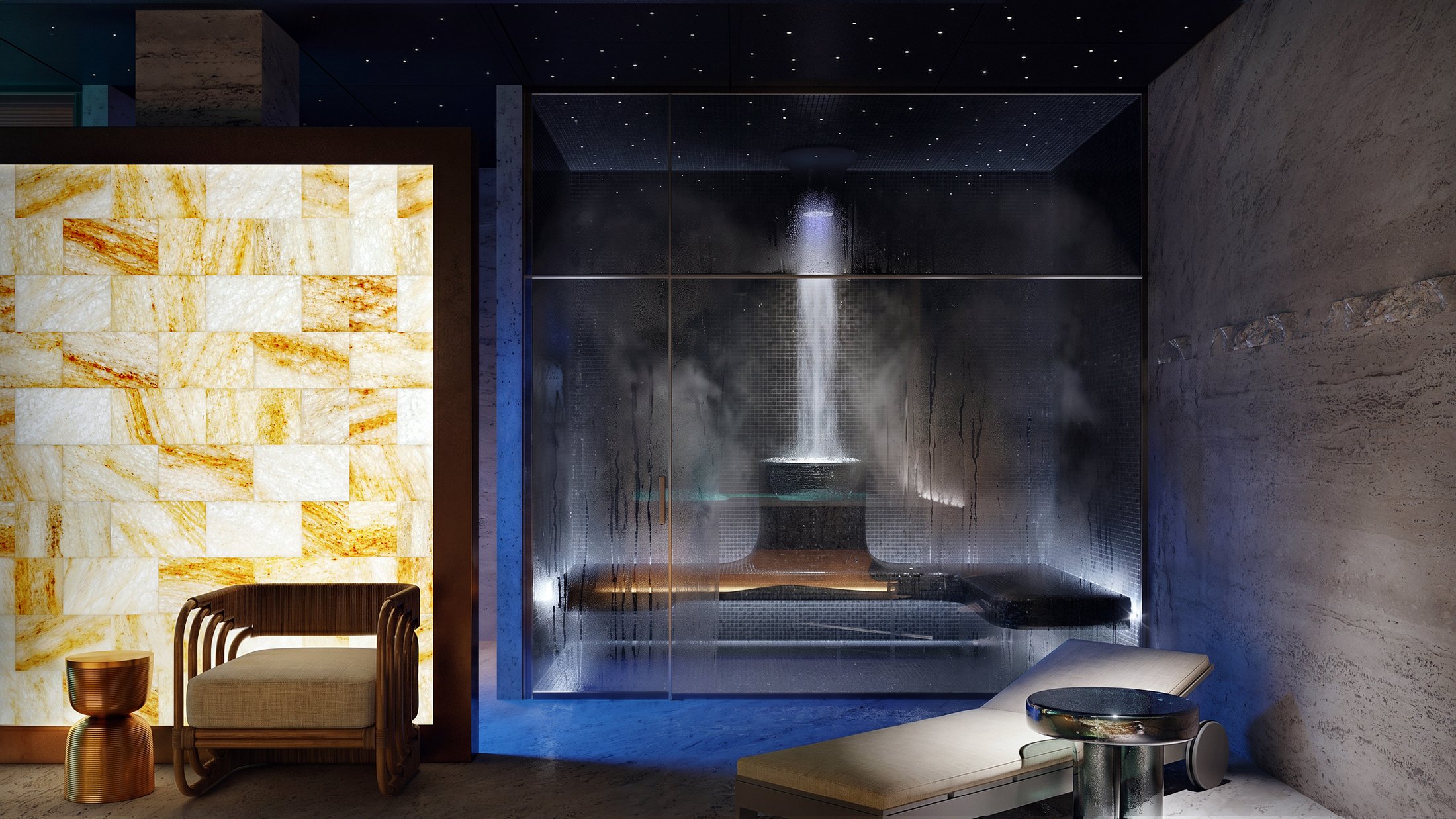 Basement spa with a rain shower feature behind glass and an onyx accent wall.