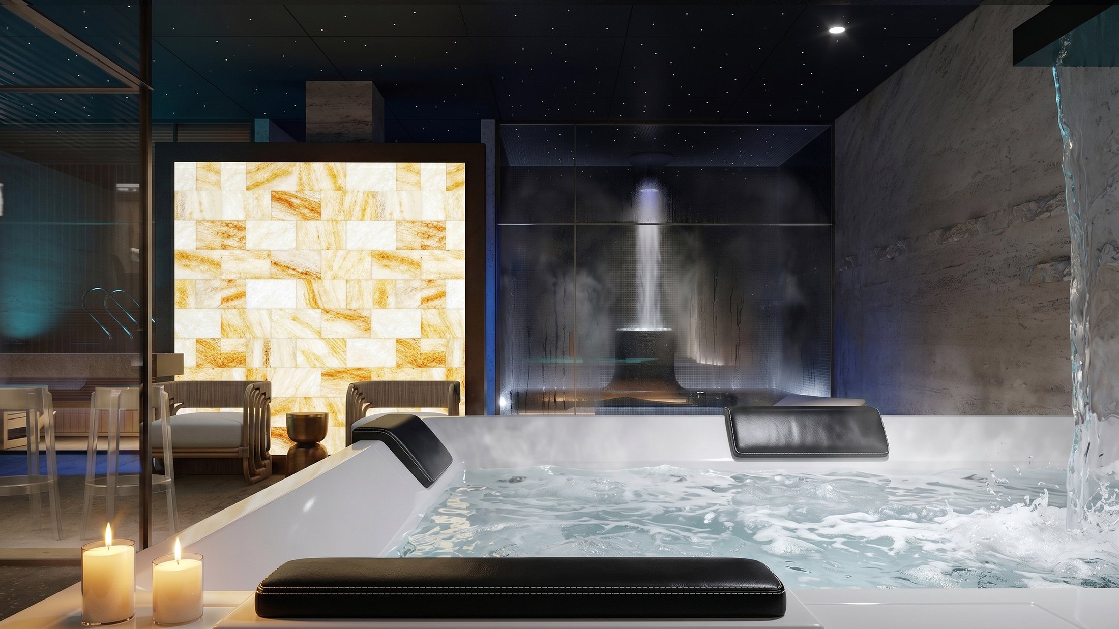 Spa hammam area with an onyx wall and jacuzzi tub.