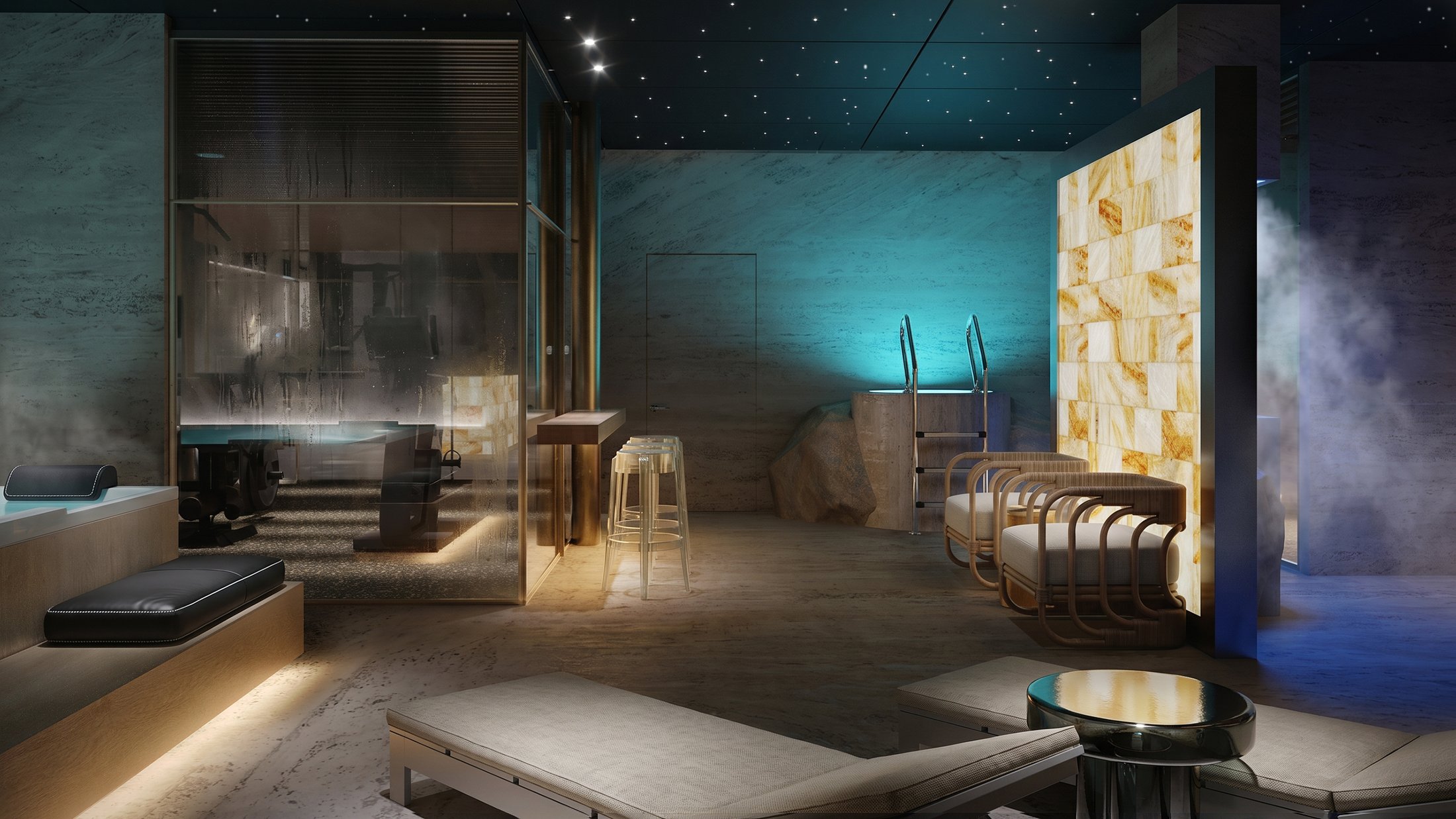 Spa area with an onyx panel and teal-lit water feature.