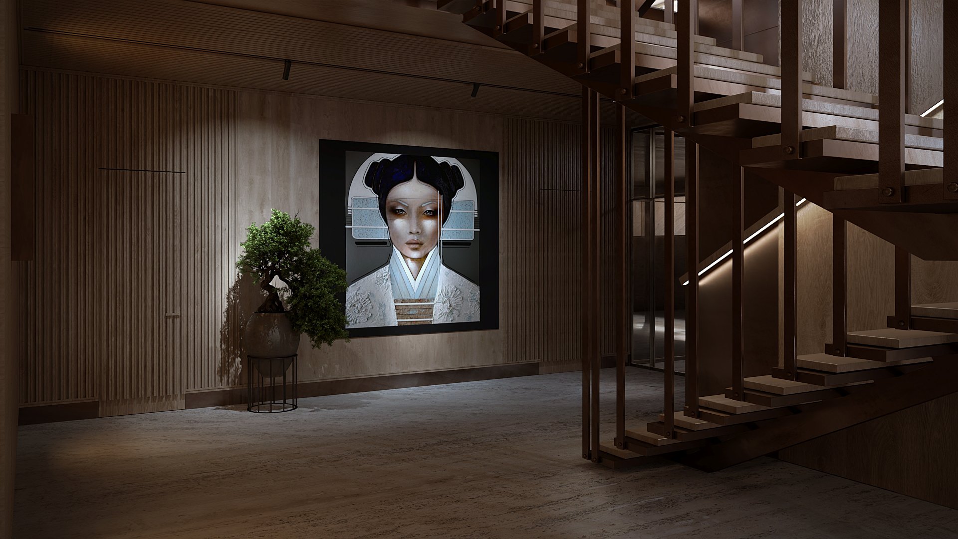Sculptural wood and metal staircase beside a video wall.
